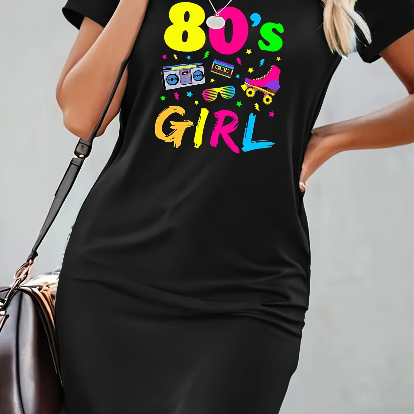 TEMU Plus-size Women's Short-sleeve Fitted Dress With Slogans And