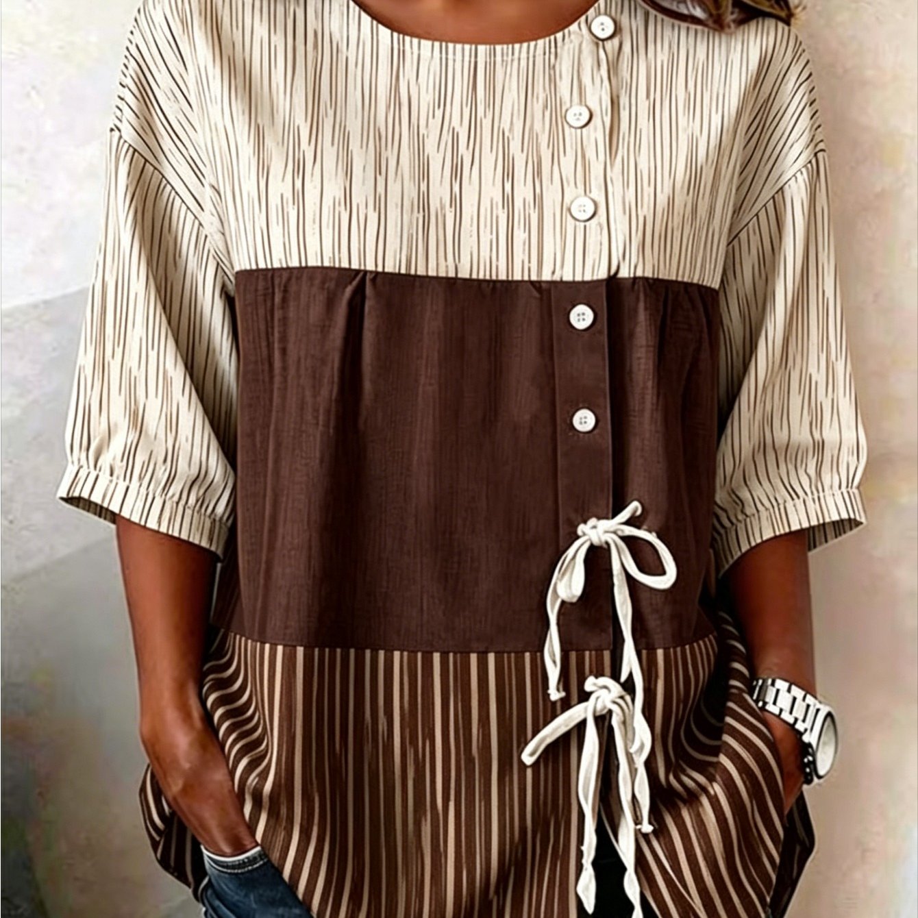 Image of Plus Size - Plus Size - Plus Size Ladies Crew Neck Up Top In With Grey Stripe Pattern For Casual Everyday Wear, Perfect Gift For Mom, Sister Or Friend