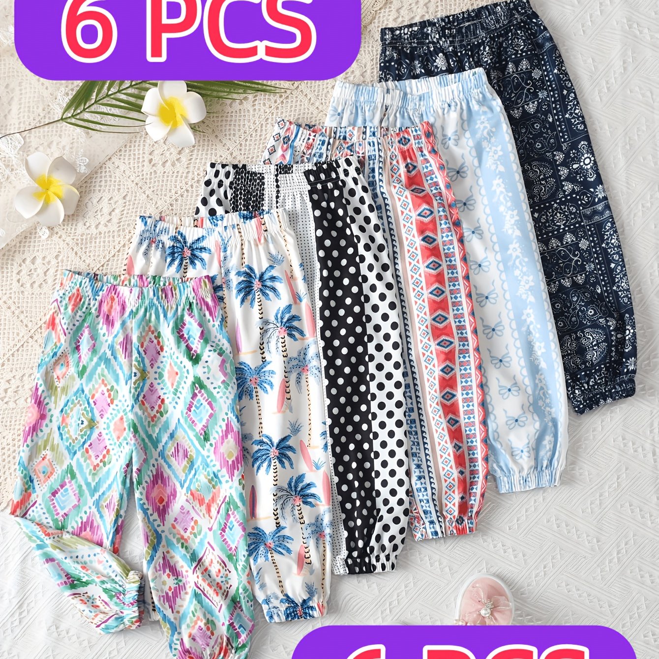 6-pack Girls' Spring/summer Trendy Print Jogger Pants, Casual Versatile Elastic Waist Anti-mosquito Comfortable Breathable Lightweight Long Trousers, Perfect For Outdoor Activities, For Outdoor