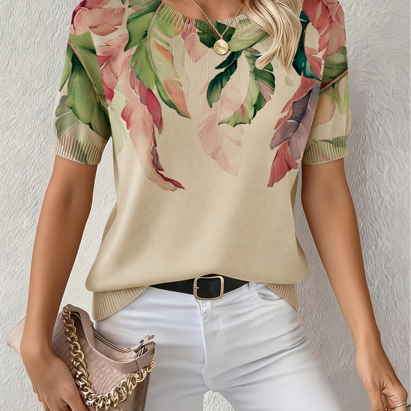 TEMU Summer Women's Elegant Round Neck Pullover Short Sleeve, Spring Summer New Style Loose Fit Printed Design Textureless Fit, Holiday Outing Party