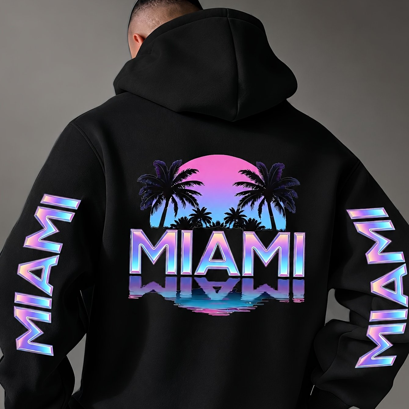 Image of Men's Miami Hoodie With Pink & Blue Gradient Palm Tree Print - Streetwear Suitable For Casual Wear, Hooded Pullover With Miami Font, Machine Washable -friendly Fabric For