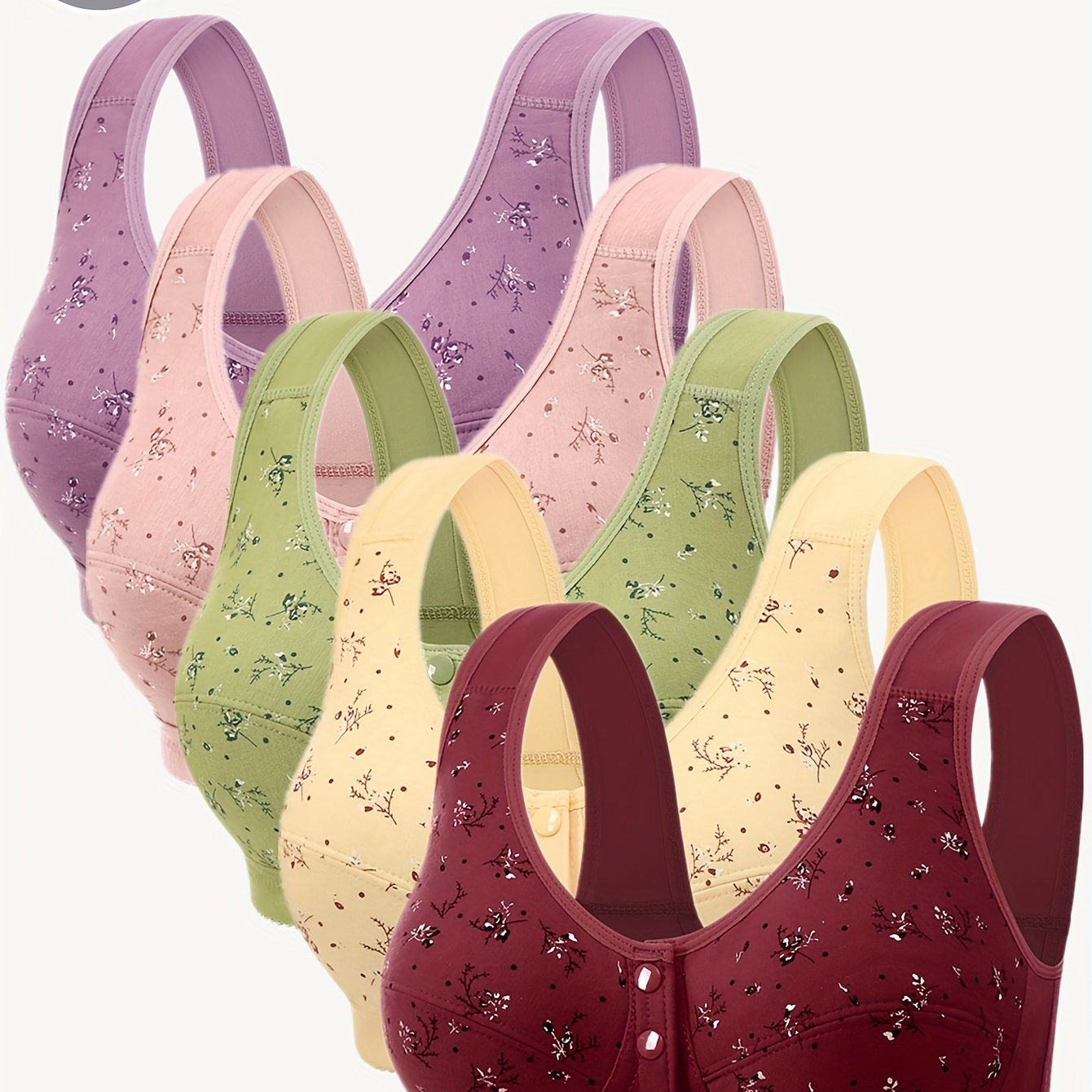 TEMU 5pcs Pack Front-button Vest Style Women's Lingerie Floral Underwire-
