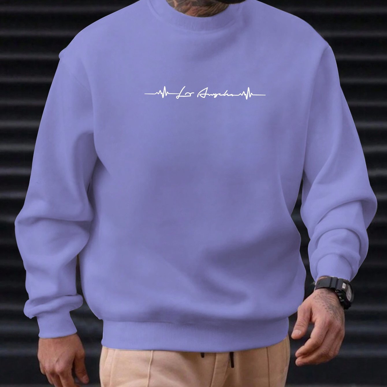 TEMU Men's Los Angeles Heartbeat Sweatshirt - Casual Round Neck Pullover With White La Lettering, Machine Washable Regular Fit Sweater For Casual