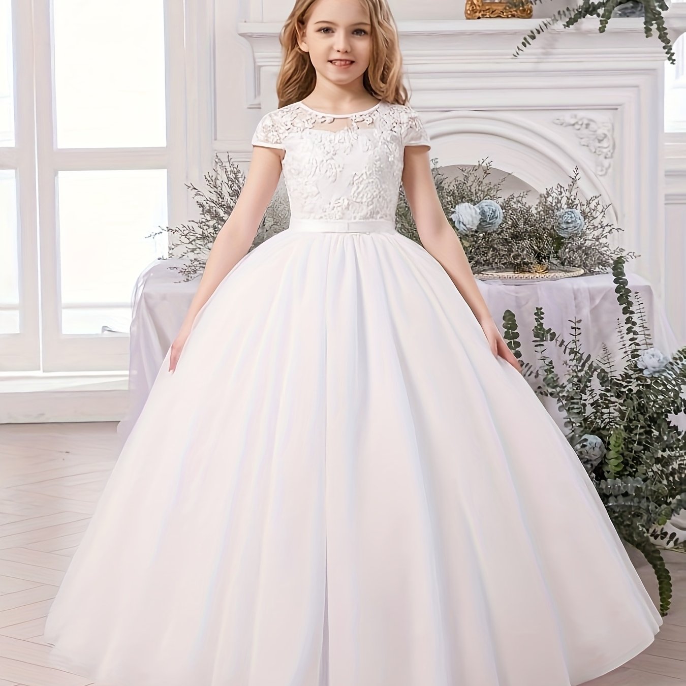 Image of Girls' Elegant Tulle Princess Dress With Flared A-line Skirt - Solid Color Wedding, Party & Piano Outfit For Spring Summer Fall, Hand Wash/, Layered Skirt Design