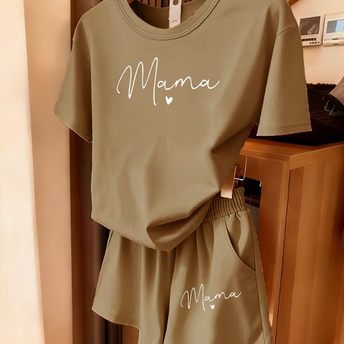 TEMU 2pcs Women's Spring Short-sleeve Set—mama Letter Heart Print, Fun Pattern Print Short-sleeve Shorts Set, Comfortable, Soft, And Breathable For