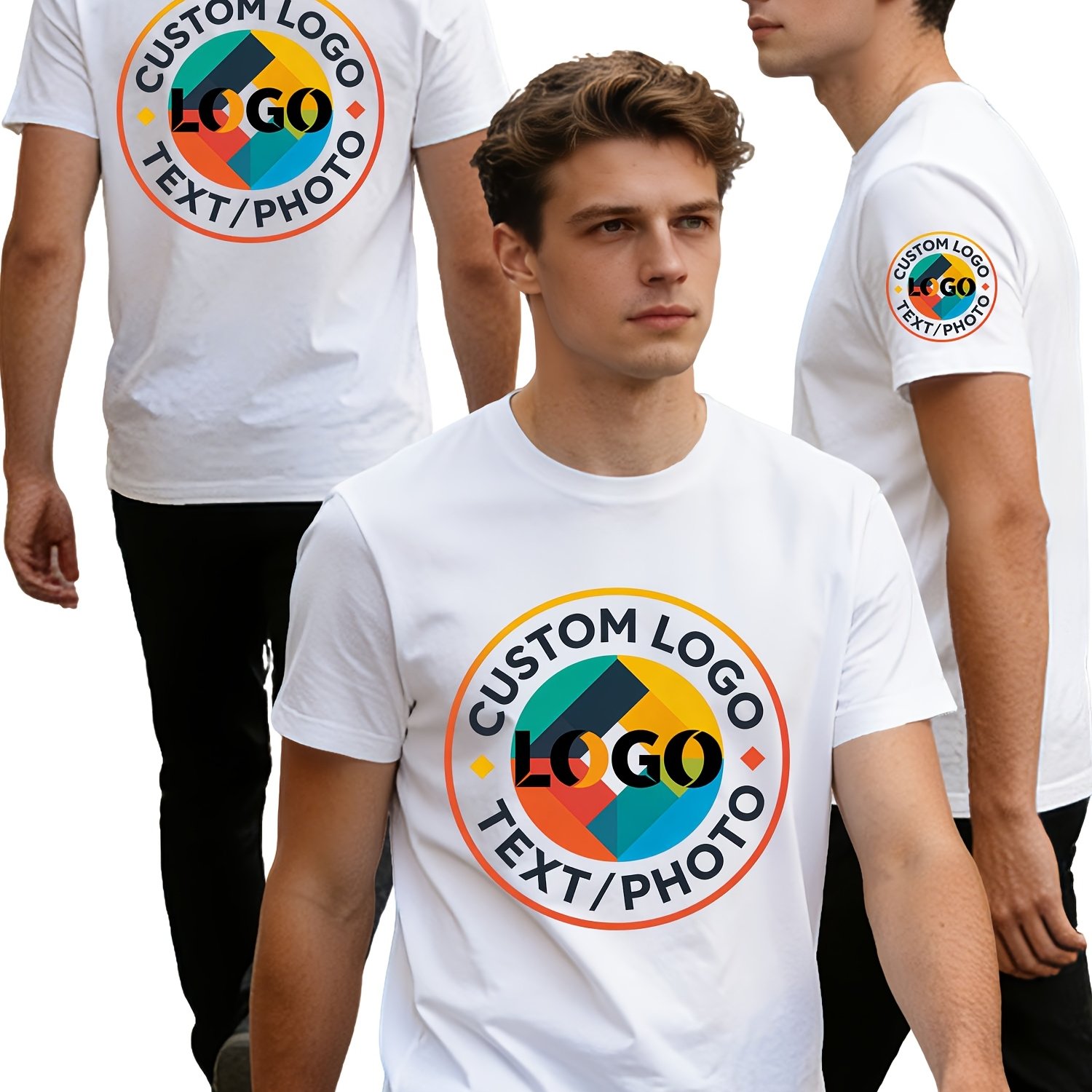 TEMU Custom Men's Quick-dry Athletic T-shirt, Breathable Moisture-wicking Fabric, 3 Customizable Pattern On Chest, , And Back, Summer Athletic