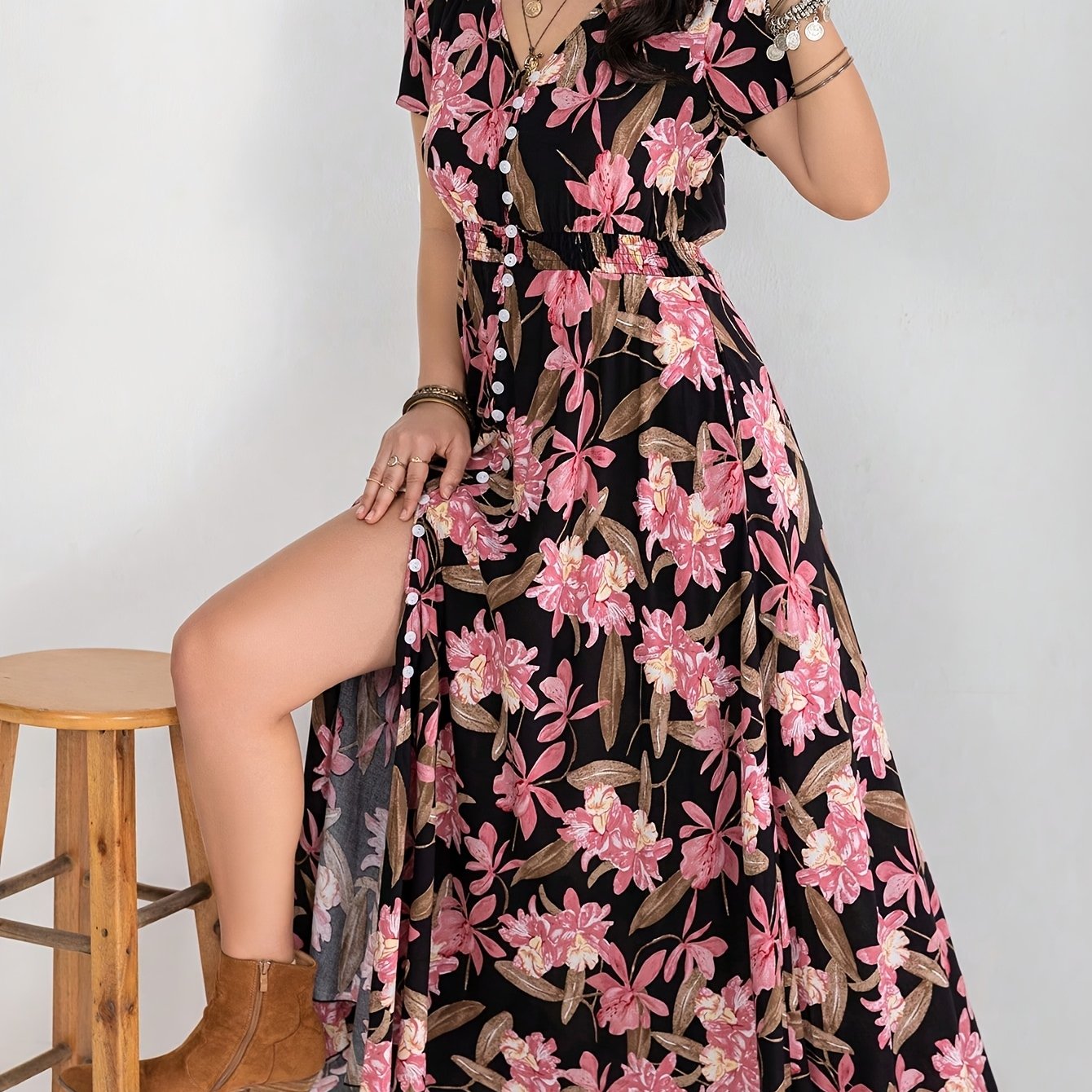 TEMU Plus Size, Tropical Floral Button Front Maxi Dress
