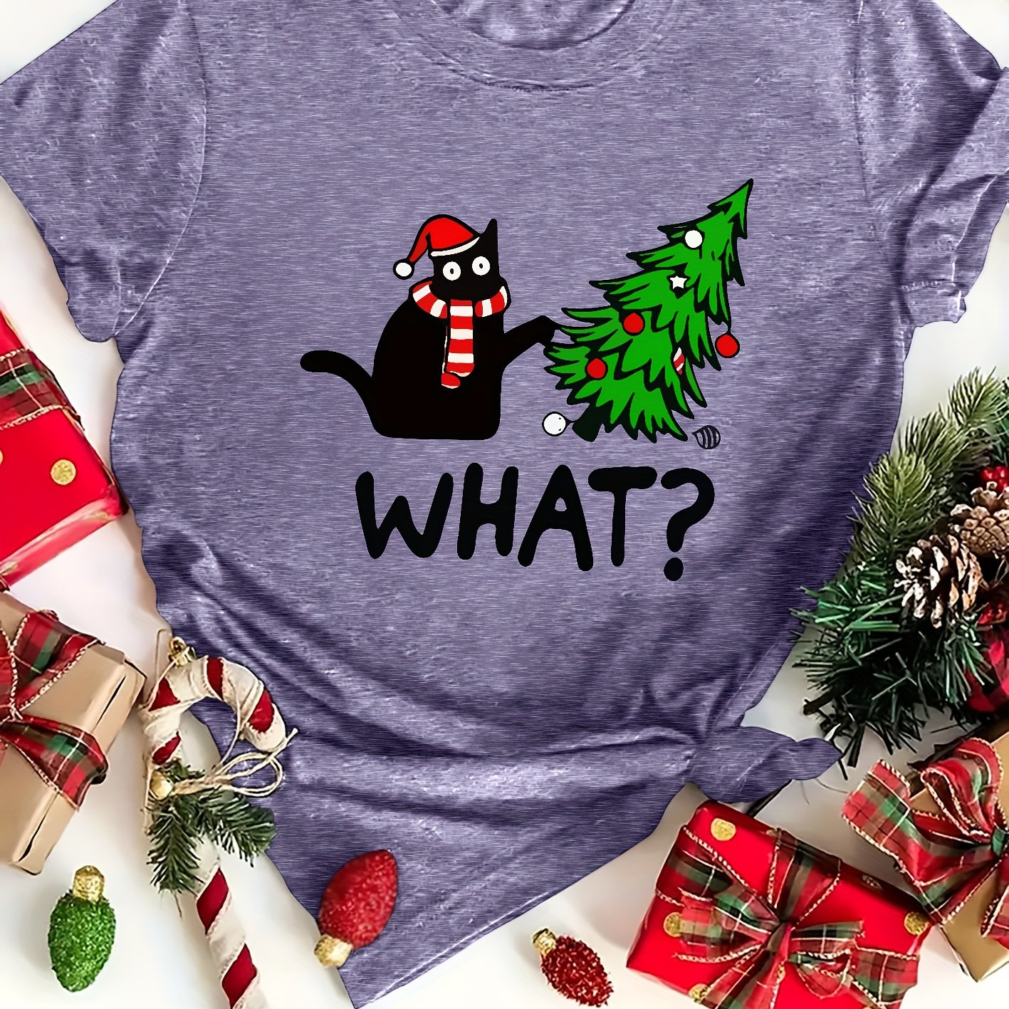 TEMU Christmas Plus Size Women's Summer Animal Short Sleeve Simple Drawing Black Cat With Christmas Tree Letters Crew Neck Cute T-shirt, Fashionable