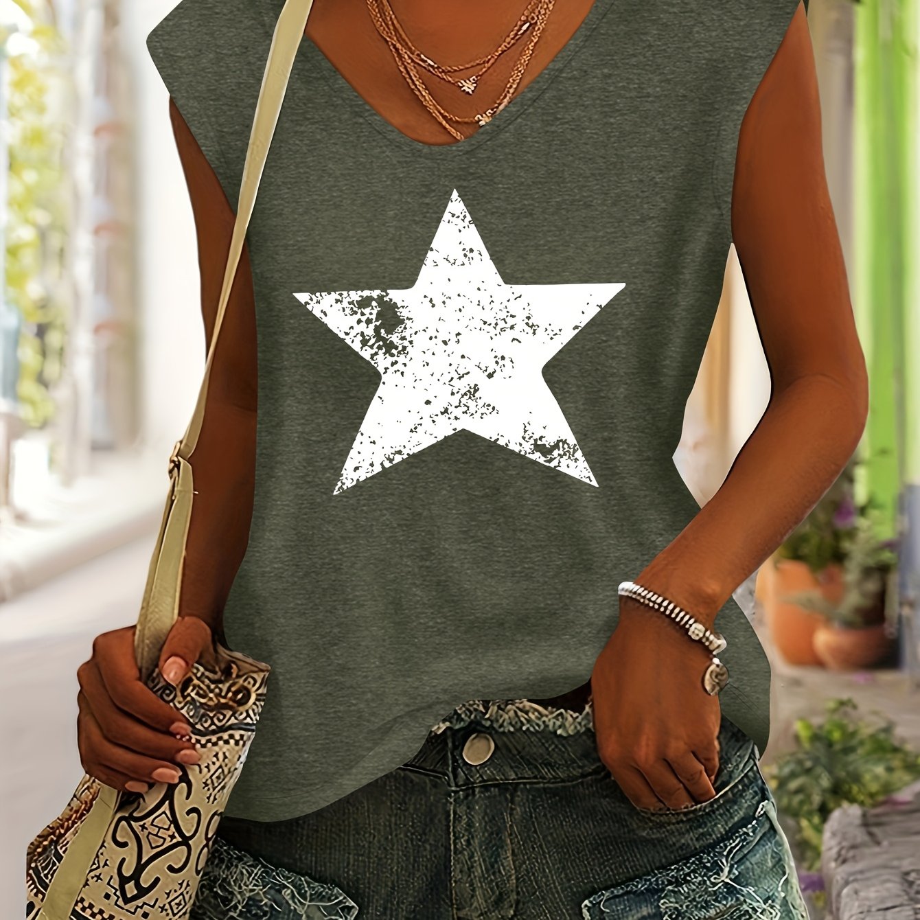 E-shop Geometrischer Stern-Druck Bunter V-Ausschnitt Kurzarm T-Shirt