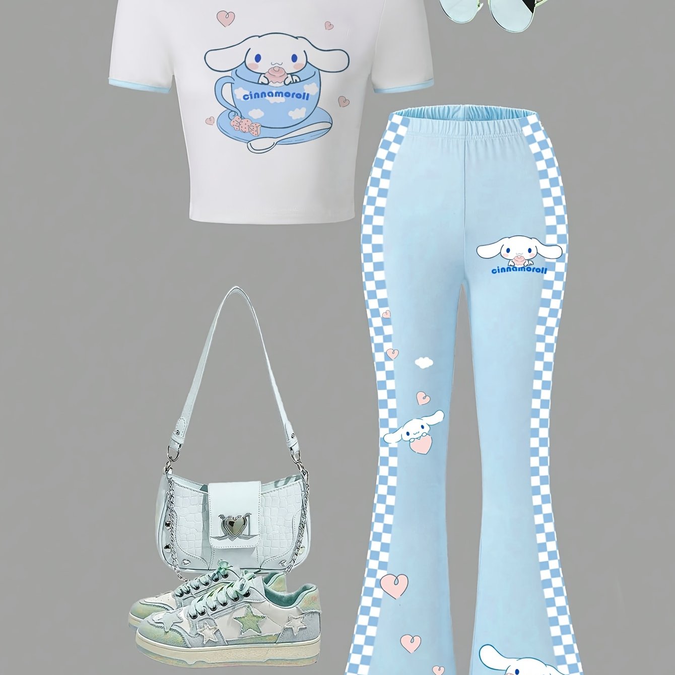 Image of Hello Kitty Cinnamoroll Girls' Heart Print Short Sleeve Round Neck T-shirt+ Slim Fit Flared Pants 2pcs Set, Perfect For Outdoor