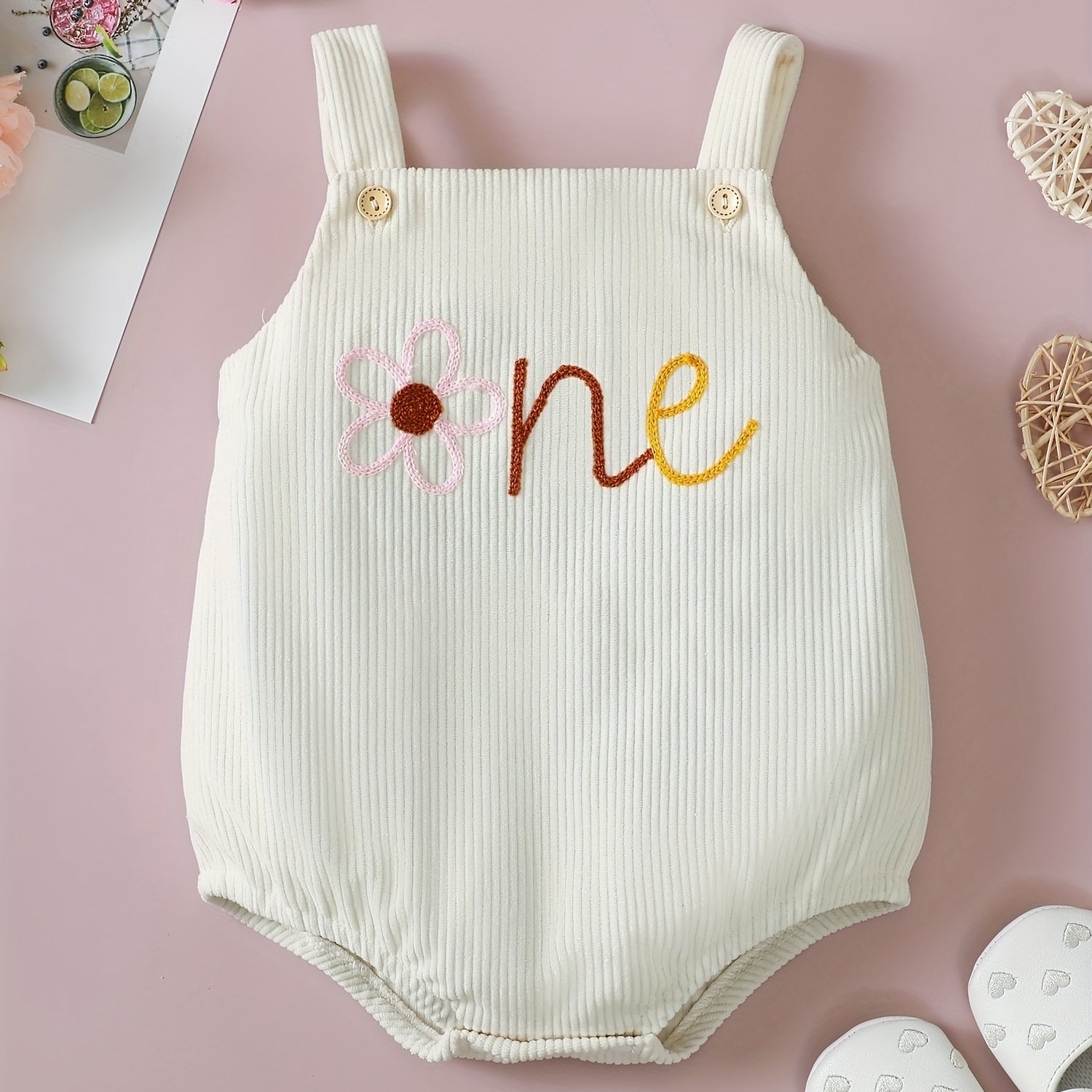 Image of Infant And Toddler Girls' Cute Suspender White Corduroy Embroidered Romper #e2356a, For Outdoor