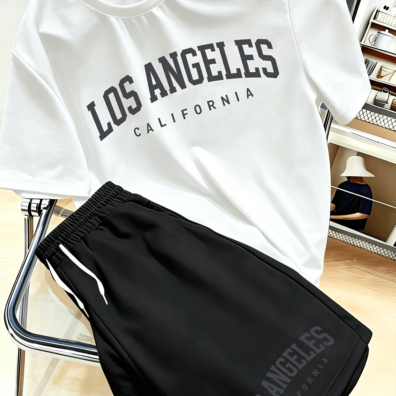 TEMU Men's Fashion Set, Casual And Versatile Style, Los Angeles Print, Men's Short Sleeve And Shorts Set, Lightweight Summer Style, 2pcs Set For