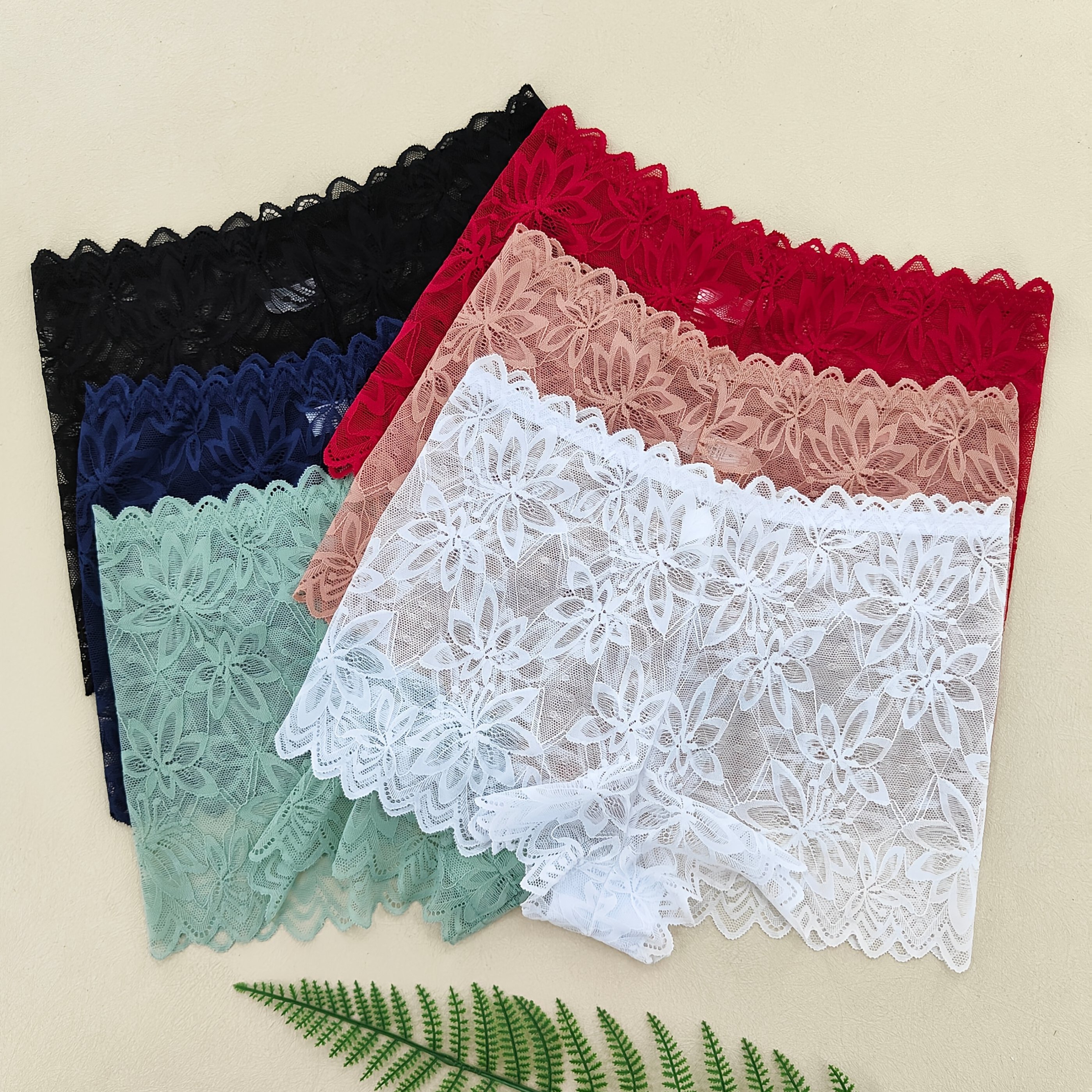 TEMU 6-pack Women's High-waisted Floral Wave-edge Sexy Stretch Semi- Lace Panties, Breathable And Lightweight Elegant Solid Color Underwear With