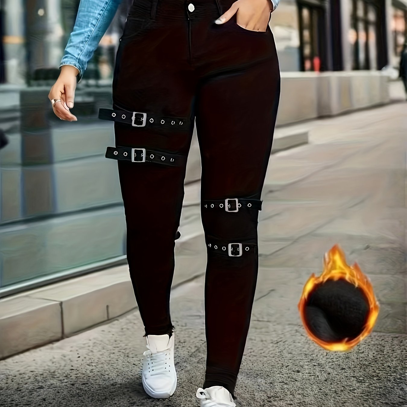Women's Stretch Button-fly Fashionable Versatile -hem Cropped -lined Jeans