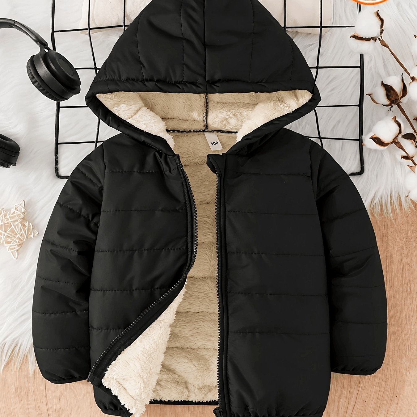 TEMU Herbst Winter Fleece Kapuzenjacke Lamm Dick Warme Zip-Up Jacke, Schwarze Einfarbige Kinderjacke, Jungen Winterurlaub Leichte Bequeme Vielseitige