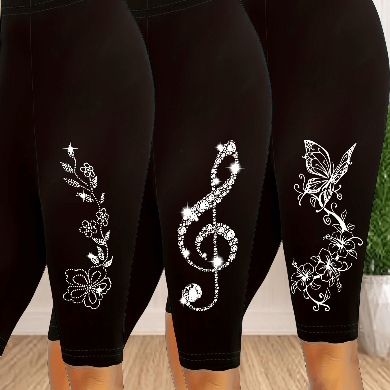 TEMU Plus Size - Plus Size - Dreiteiliges Set beliebter, langstieliger Leggings in großen Größen, Damen Leggings mit Druck und dehnbarem Bund in