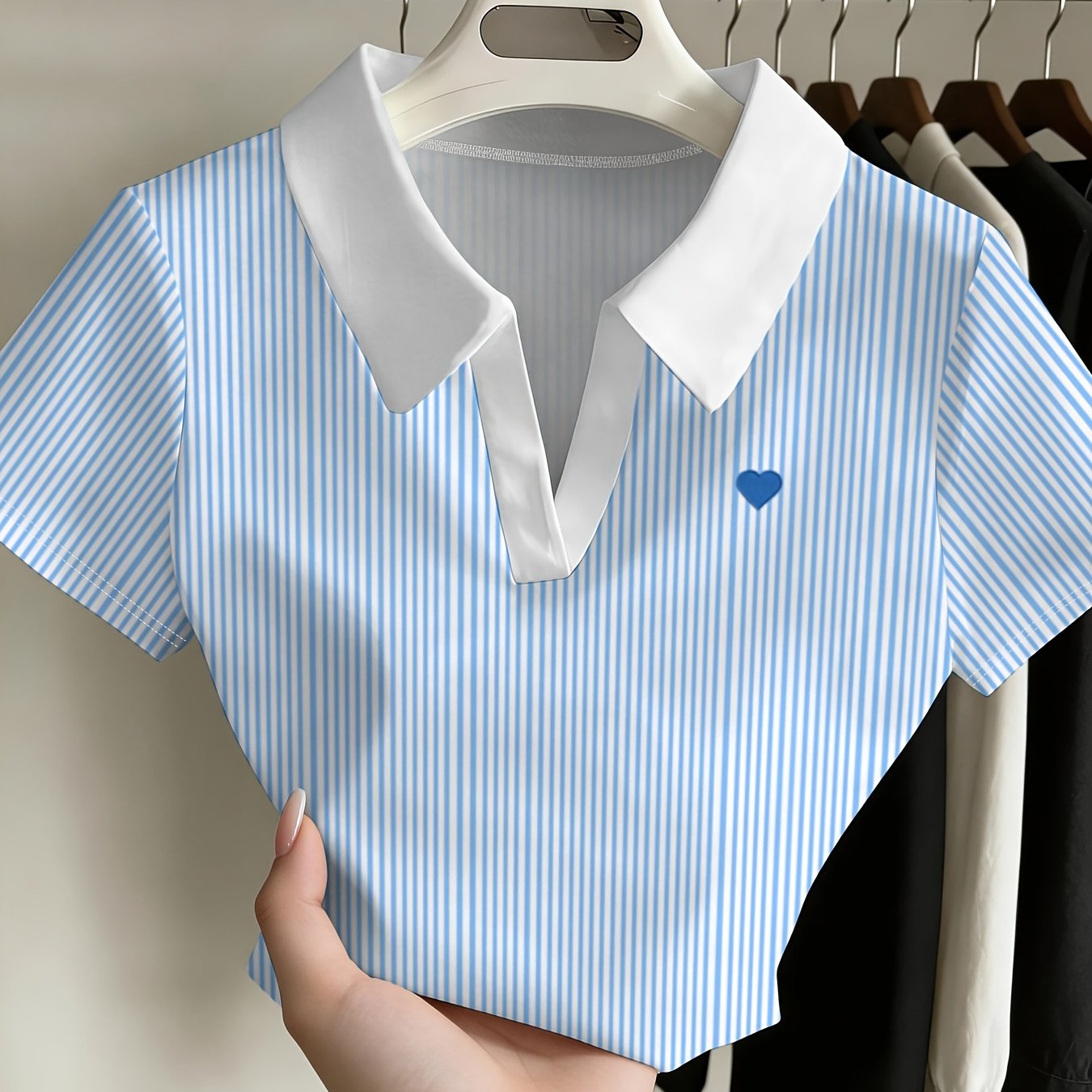 TEMU Plus Size - Fresh Striped Women's Short Sleeve Shirt, Easy Heart Casual Versatile Top, Comfortable