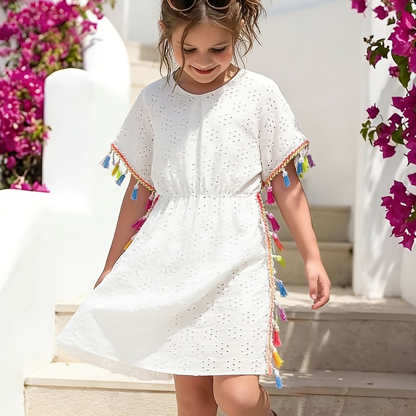 Summer New Beach Dress, White Hollow Mesh Bodysuit For Teenager, Fashion Tassel Multicolor Dress, Suitable 8-12. Perfect For Summer, Beach, And Vacation