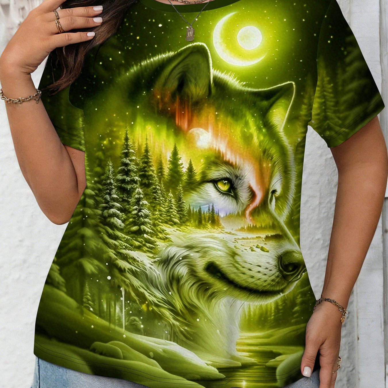 TEMU Women's Aurora Wolf Moon Night Print Crew Neck T-shirt, Wear, Machine Washable, Curvy Women's Clothing, Women's Top [printed Design - Texture]