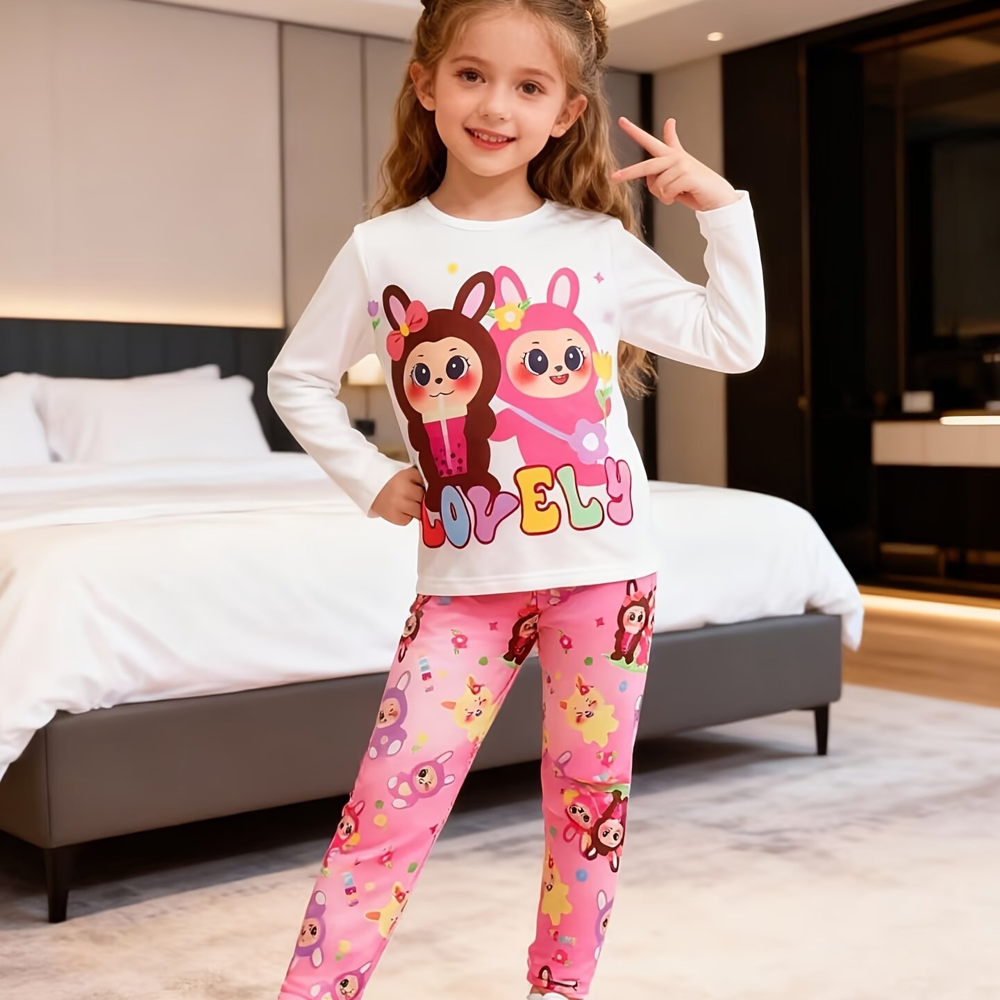 Image of Girls' Long Sleeve White Top, Cute Cartoon Pattern Print Round Neck Sweater And Full Print Skinny Trousers, Halloween