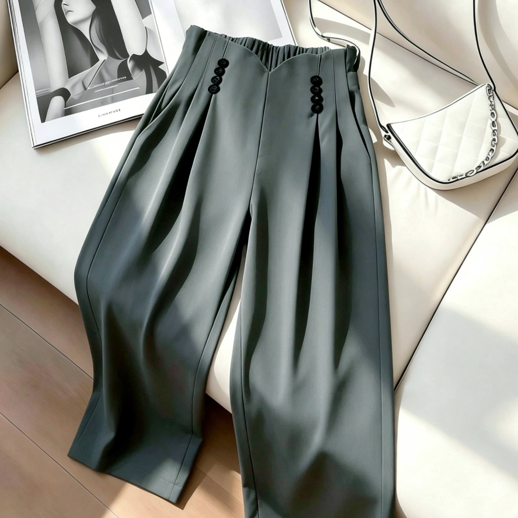 TEMU Pantalón de traje de mujer de tiro y pierna ancha - Pantalón plisado con cintura elástica trasera y botones frontales, de ajuste holgado y color