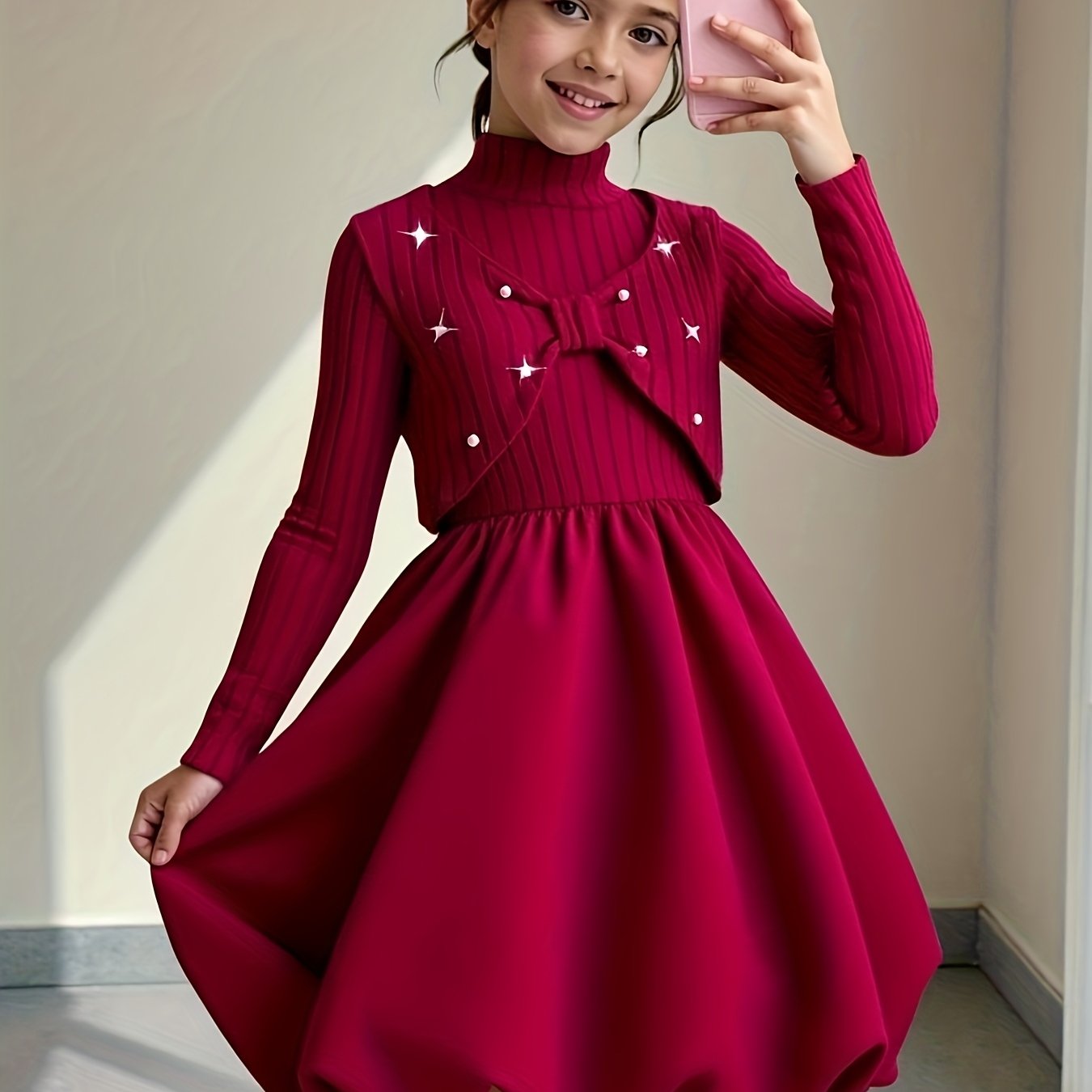 Image of 2pcs Girls' Dress Up - Red Bow & Pearl Accent Dress With Matching Long Sleeve Blouse, Winter Wedding Outfit, Machine Washable 2pcs Suit For Special Occasions (), Perfect For Outdoor