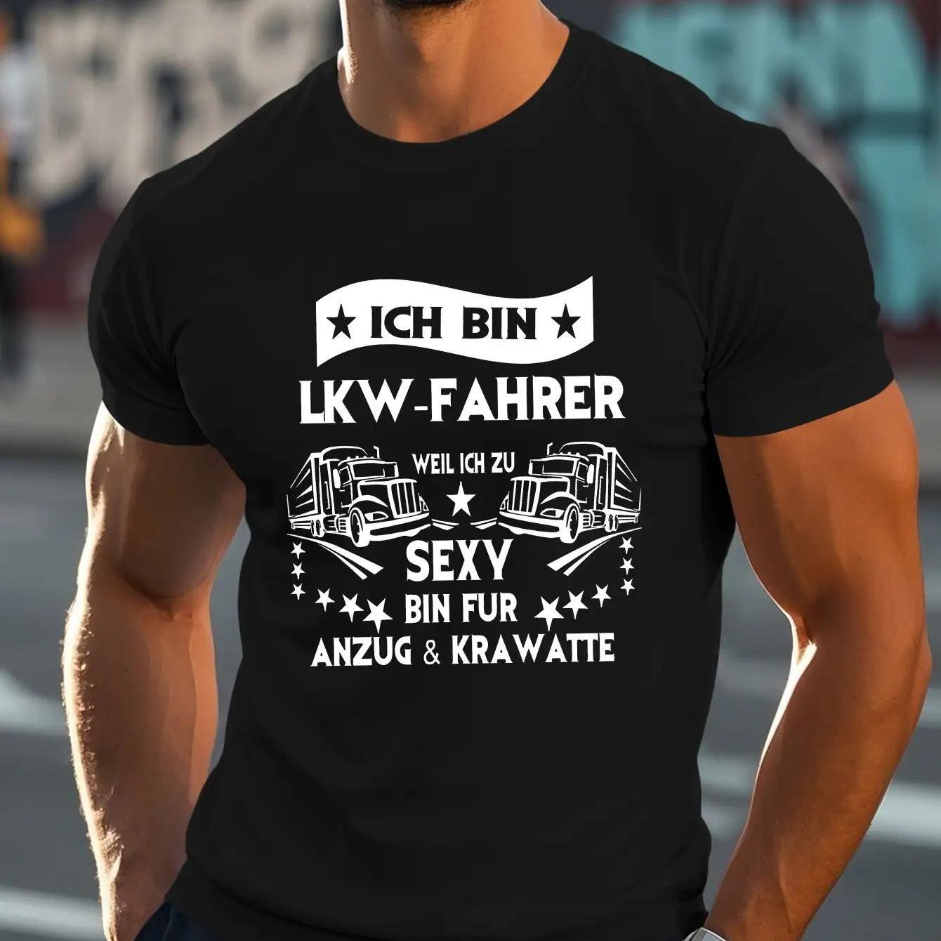 Image of Men' Heavyweight German Truck Driver T-shirt - I Truck Driver & Truck & Stars Print, Plus Size Crew Neck Tee With German Text (ich Führe Lkw-fahrer) - Casual Workwear For Truckers, Fit