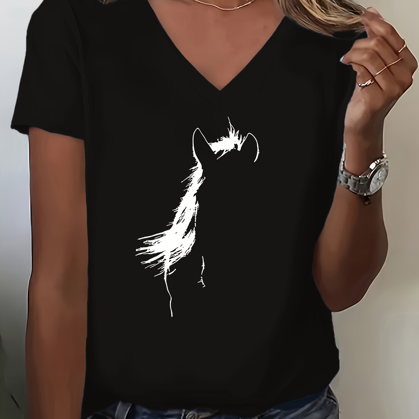 TEMU Women' Print V-neck T-shirt - Breathable Short-sleeve Blouse-compatible Top | Machine Washable Suitable For Spring Summer Fall | Regular Fit