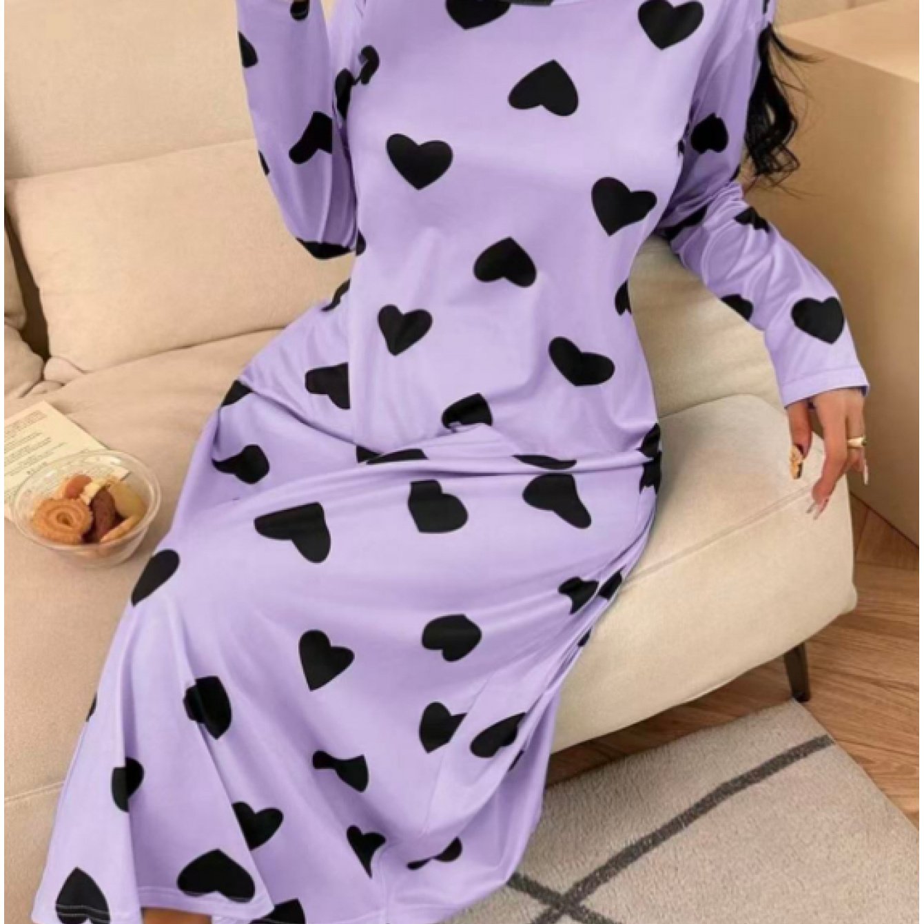 TEMU Nuisette Femme Imprimé Cœur Noir, Col Rond Manches Longues Mi-Longue, Vêtement de Nuit Élastique Robe Complet