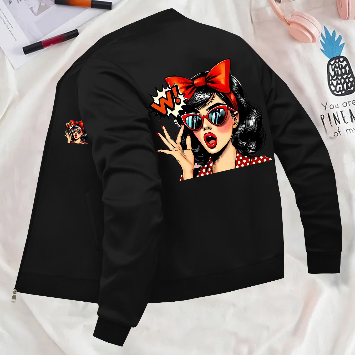 TEMU Women's Cute Print Zip-up Jacket With Stand Collar & Pockets - Lightweight Blazer For Outerwear, Machine Washable Polyester Blend Coat For,, Or