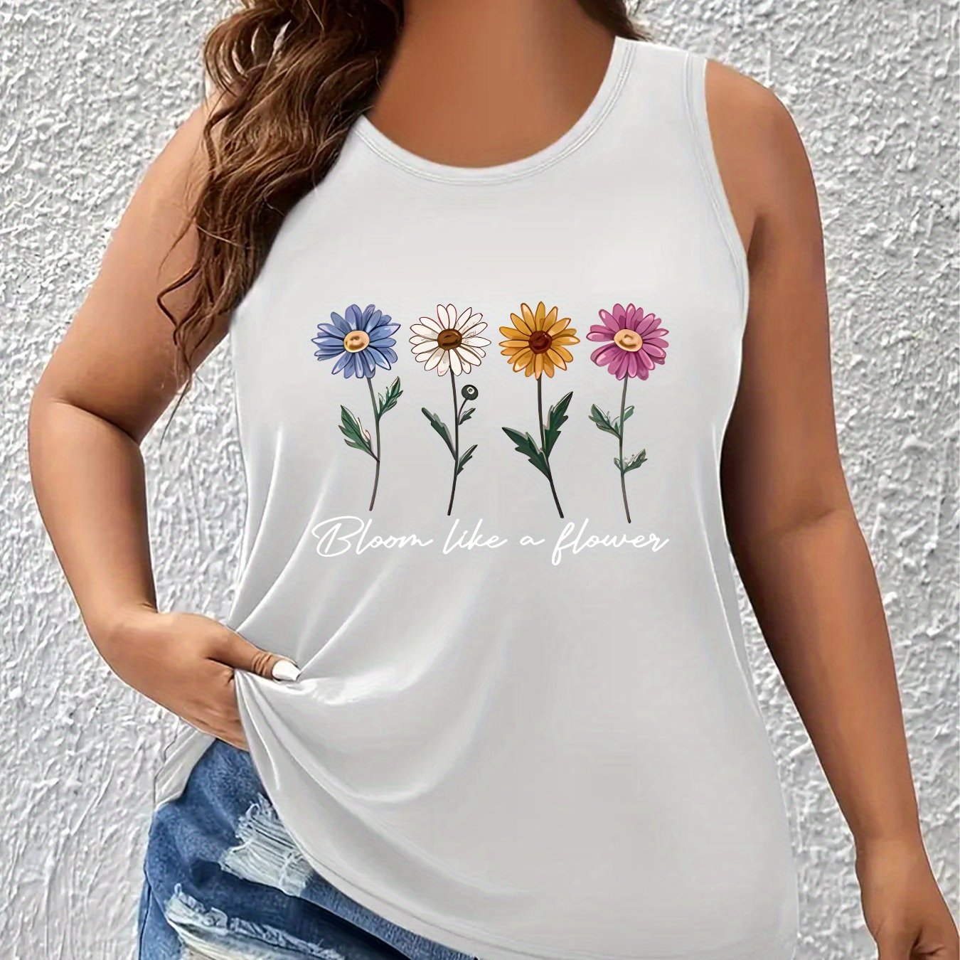 TEMU Plus Size, Floral Print European And Size Fashion Round Neck Tank Top Women's S Sleeveless Vest