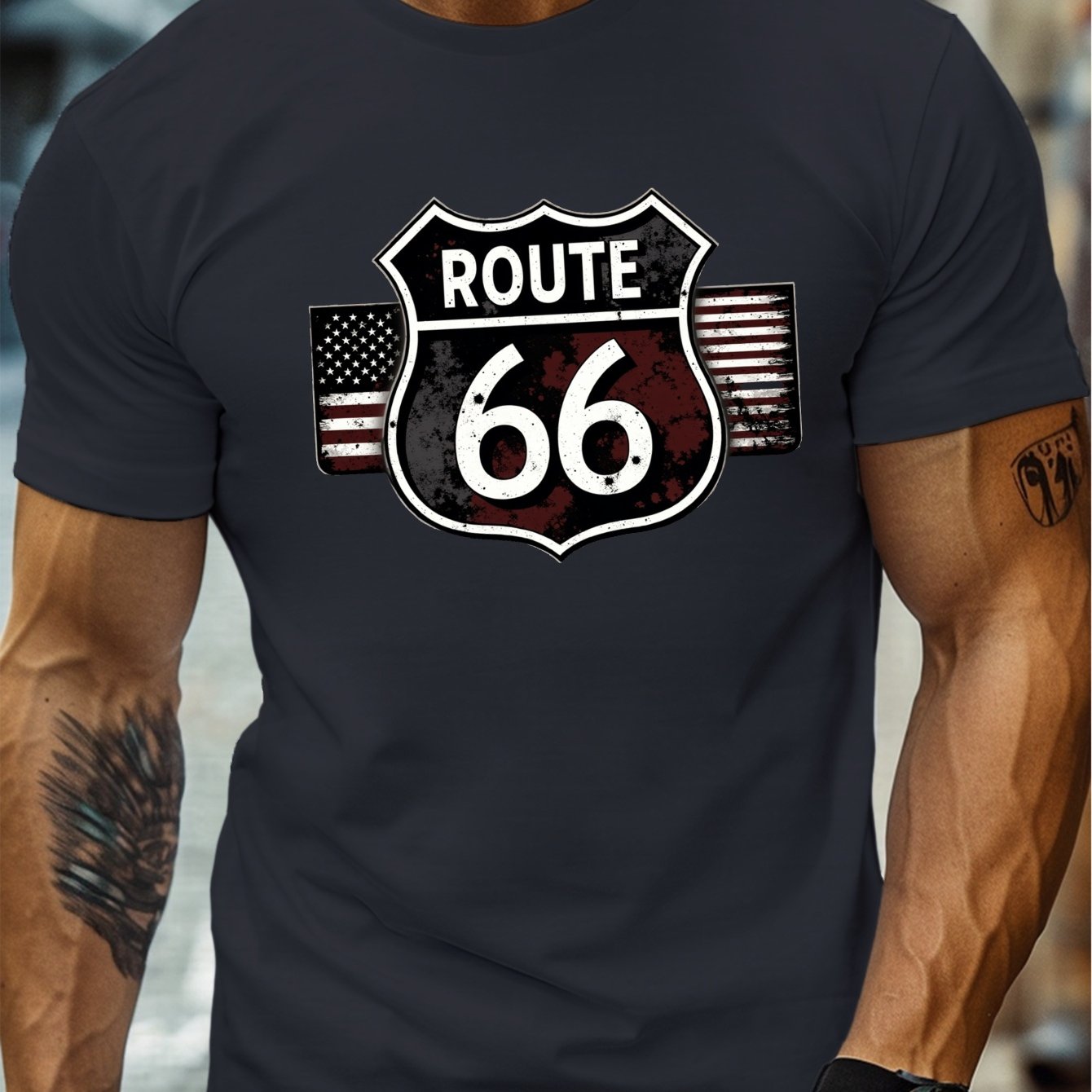TEMU Men's Vintage Logo T-shirt - Heavy With Number 66, 100% Cotton Soft Breathable Short Sleeve Crew Neck Tee For Casual Wear, Road Trips & Highway