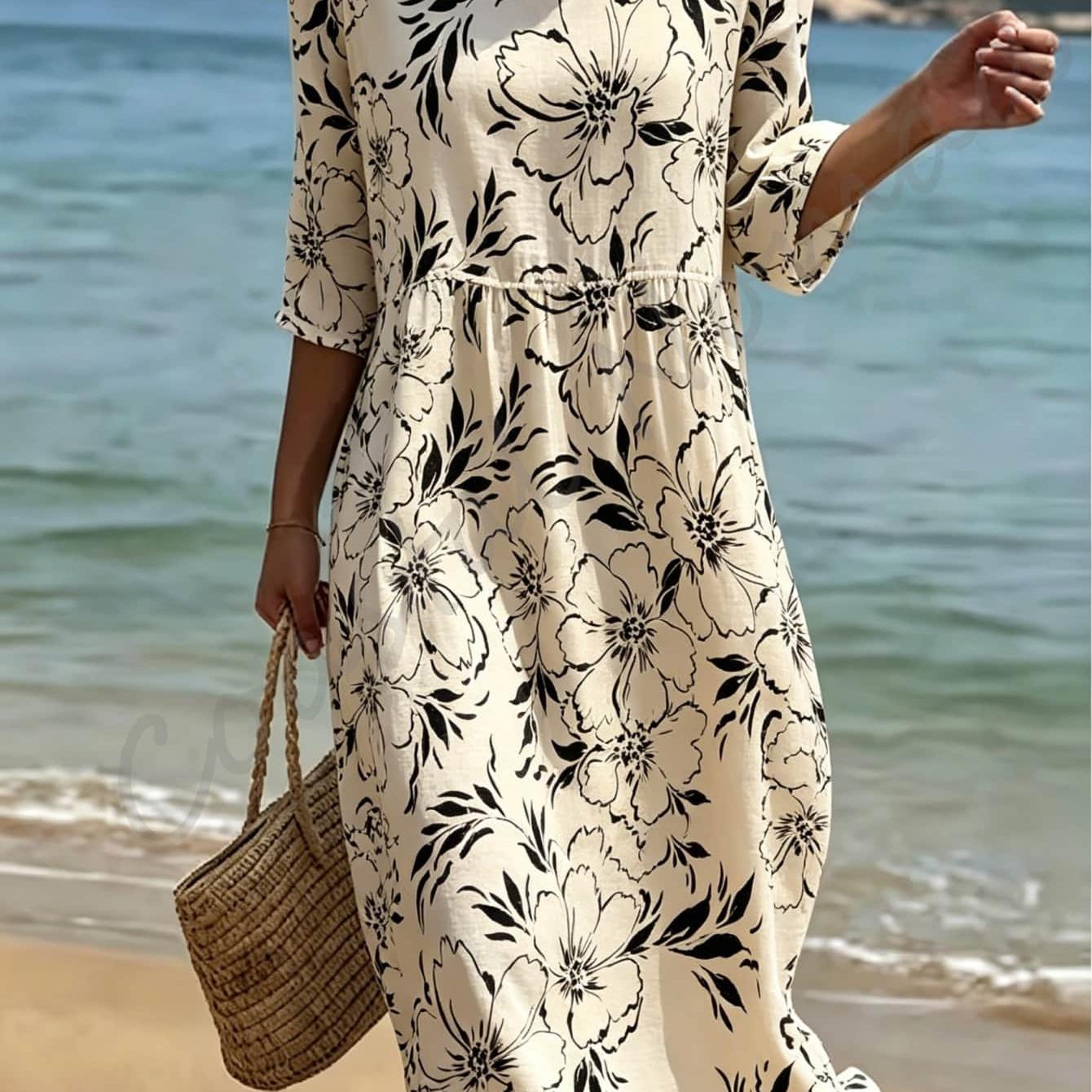 Image of Plus Size - Plus Size Black Floral Print Dress For Women, Casual 3/4 Sleeve Round Neck Loose Dress, Minimalist Style Summer Casual Midi Dress