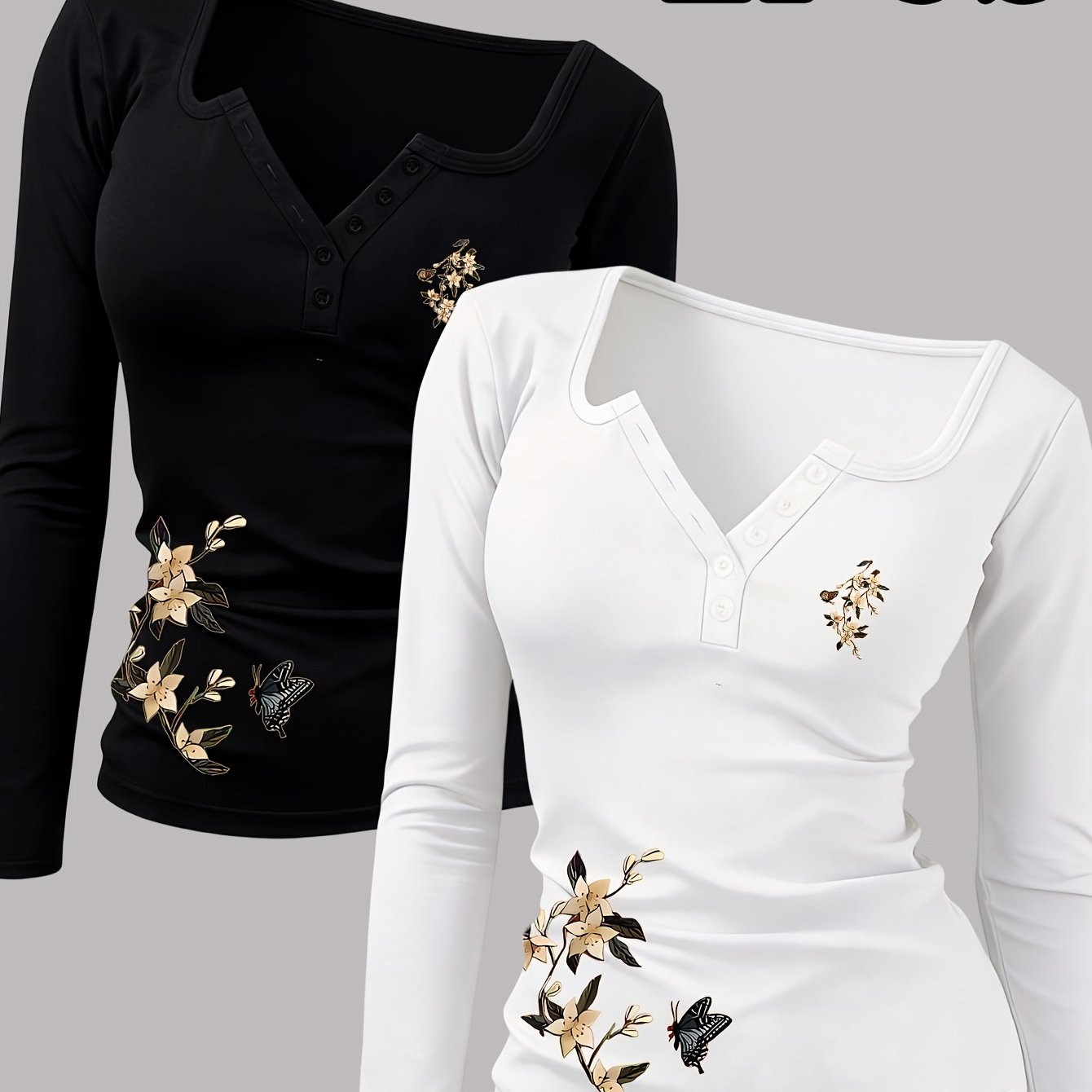 TEMU 2pcs Floral Print Women's Hot Outfit, Button-up Sexy Round Neck Long Sleeve T-shirt, A Revealing