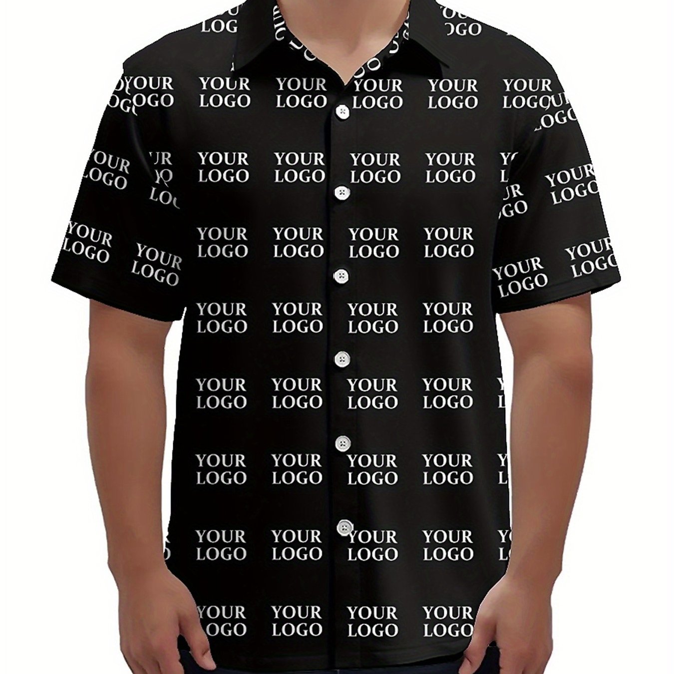 TEMU Customizable 3d Printed Short-sleeve Shirt - Personalized Logo Design, Black Polyester Fabric, Adult Casual Summer Wear, Machine Washable,