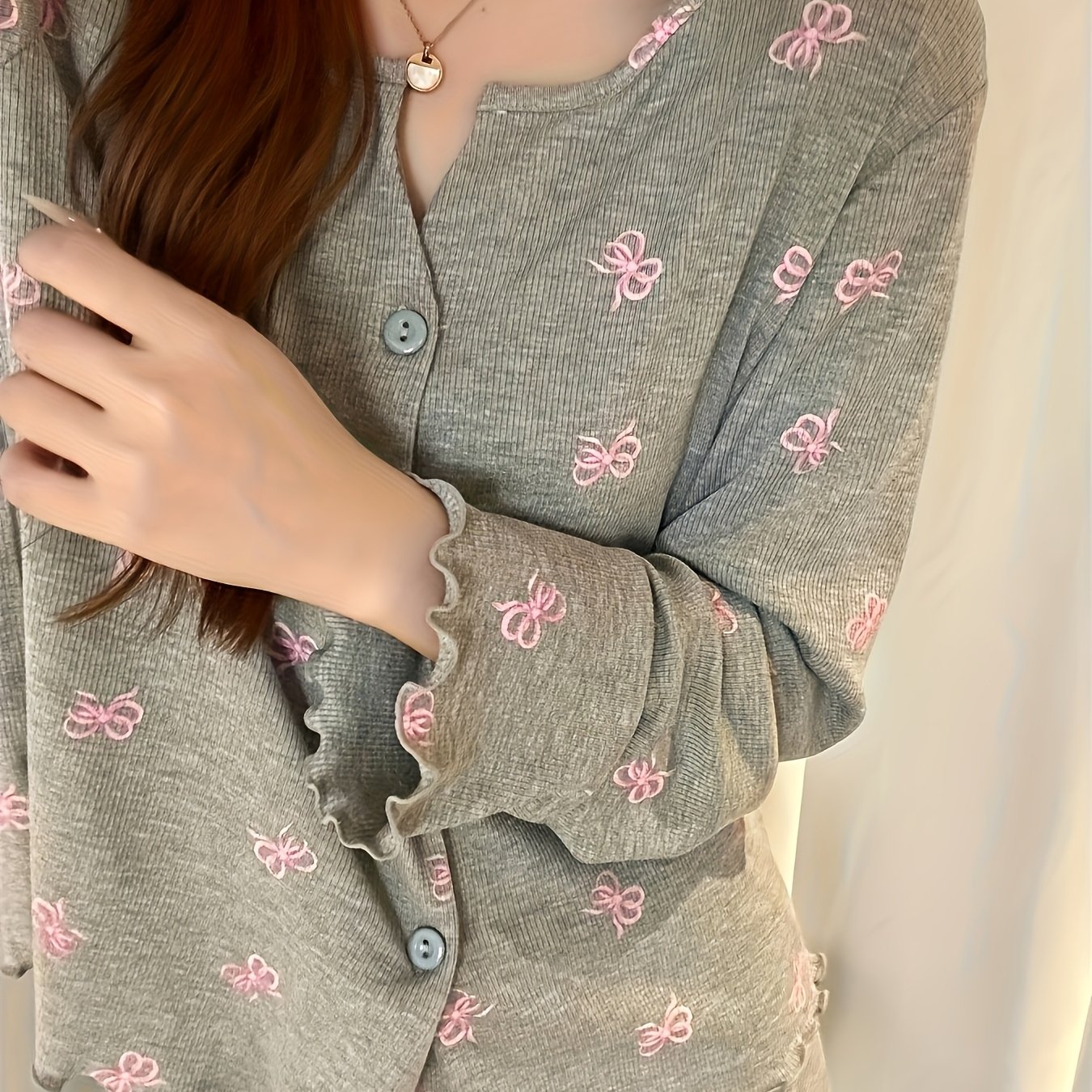 TEMU Korean Sweet Girly Bow Print Pajamas Women's Spring Autumn Round Neck Cardigan Long Sleeve Long Pants Set