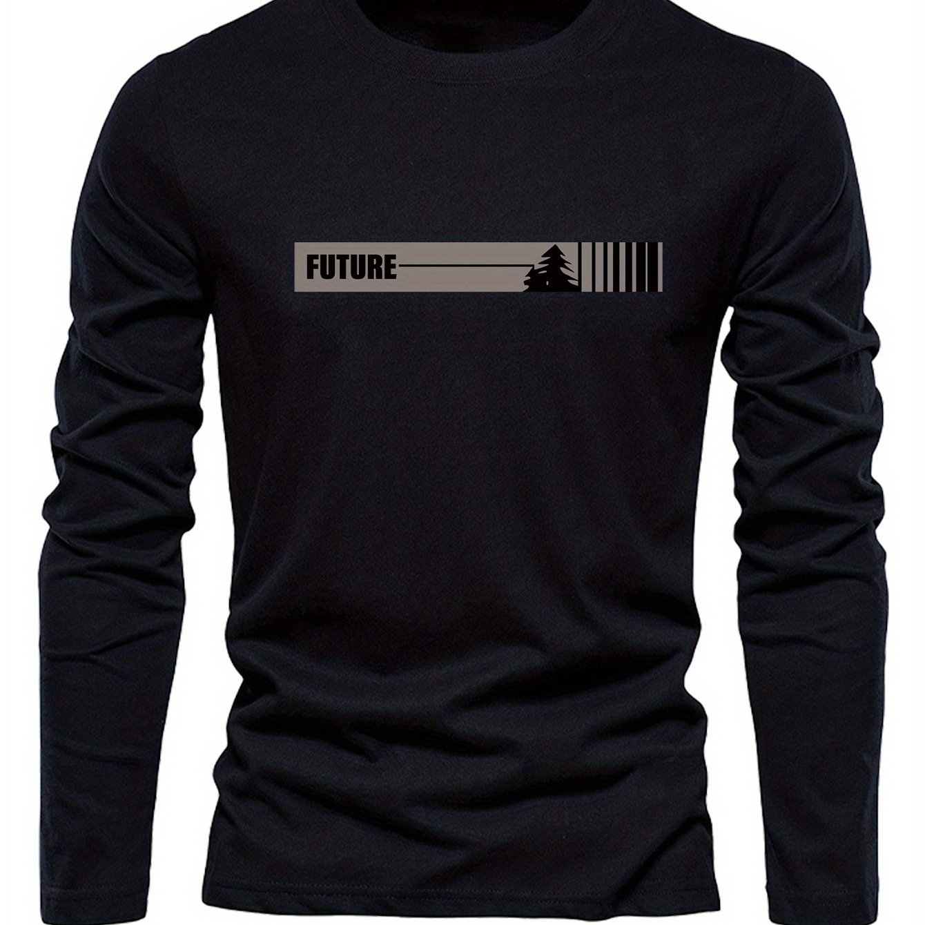 Image of Men's 100% Cotton & English 'future' Print T-shirt - Character Dark Grey Top With White Lettering, Loose Fit Long Sleeve Round Neck Shirt For Spring/fall Layering, Ideal Gift For Japan Fans
