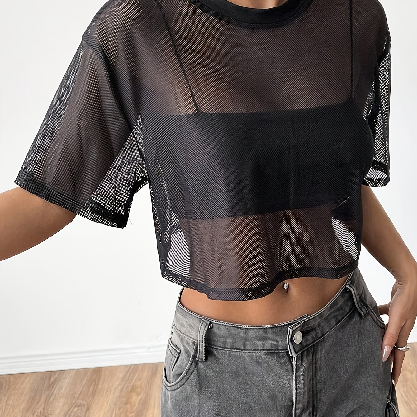 E-shop Mesh T-Shirt Top für Damen, Uni-Farben Basic-Stil, Amerikanischer Fashion Top, Neue Streetwear Sportlich Casual T-Shirt für Frühling, Sommer