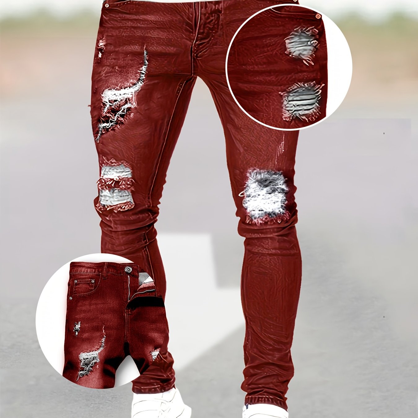 TEMU Men's Slim Fit Stretch Denim Jeans With Knee Rips, Destroyed Hole Streetwear Pants, Y2k Fashion