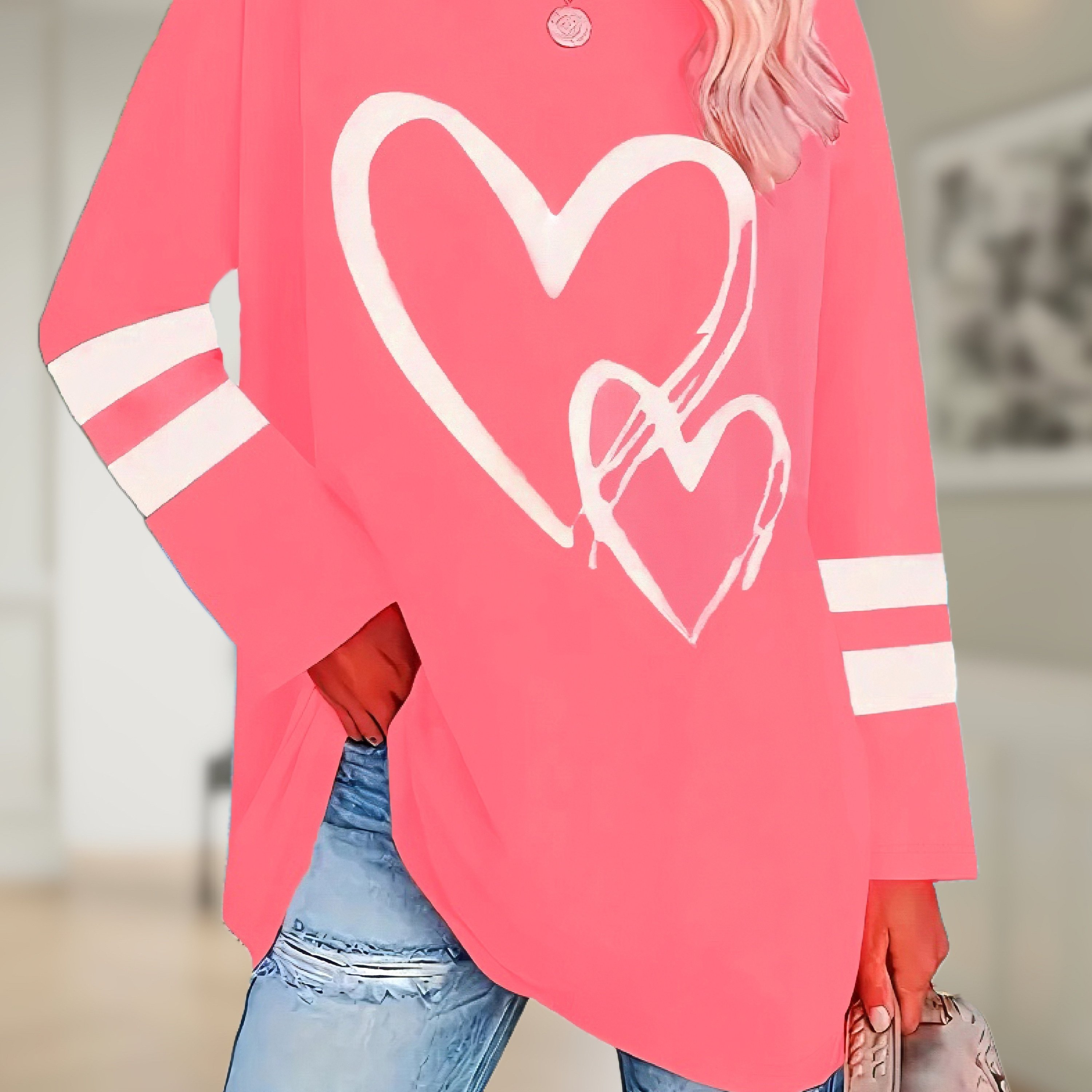 TEMU Plus Size Heart & Stripe Print T-shirt, Casual Long Sleeve Crew Neck Top For Spring & Fall, Women's Plus Size Clothing