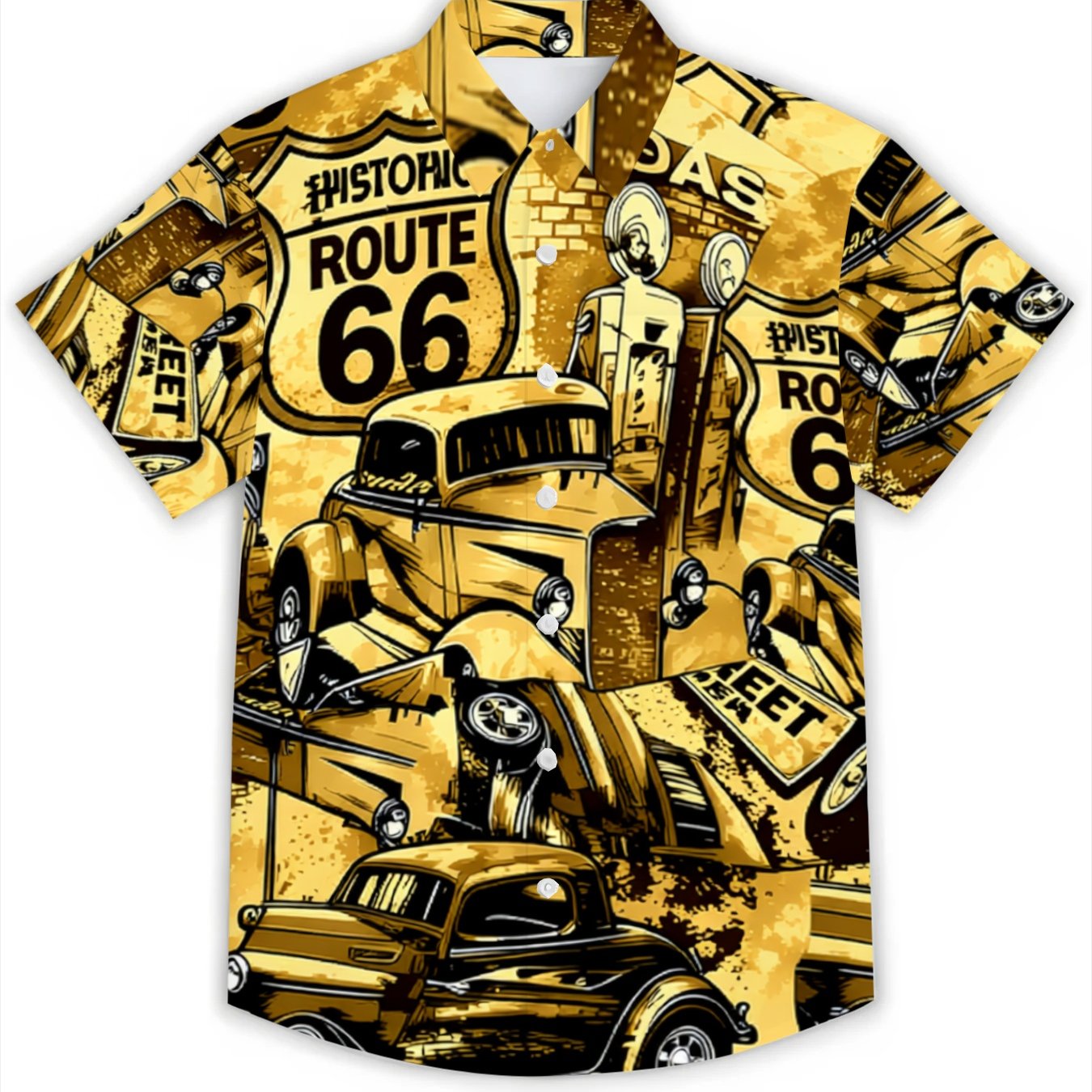 TEMU Retro Car Graffiti Men's Short-sleeve Shirt, Turn- Collar, Single-breasted, Versatile Top