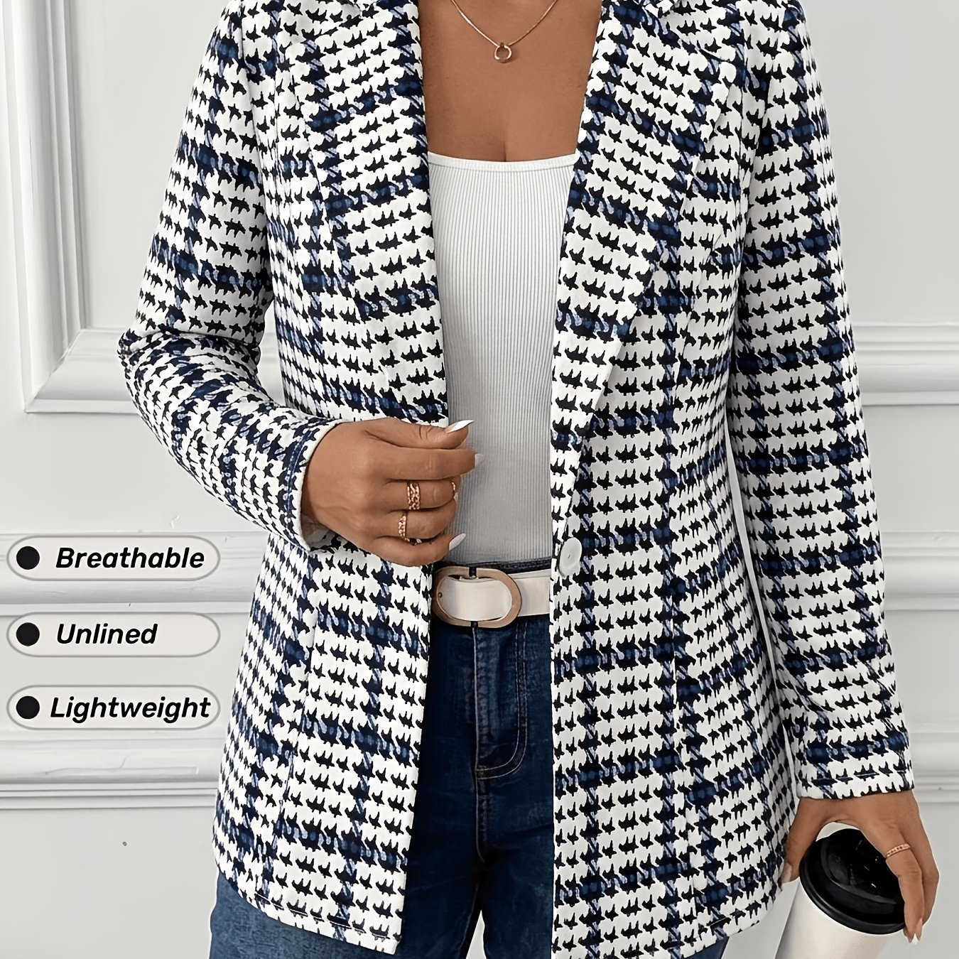 TEMU Plus Size - Plus Size - Elegant Women's Unlined Blazer, Versatile Long-sleeve Suit Jacket For Daily Wear, Classic Checkered Commuting Jacket,