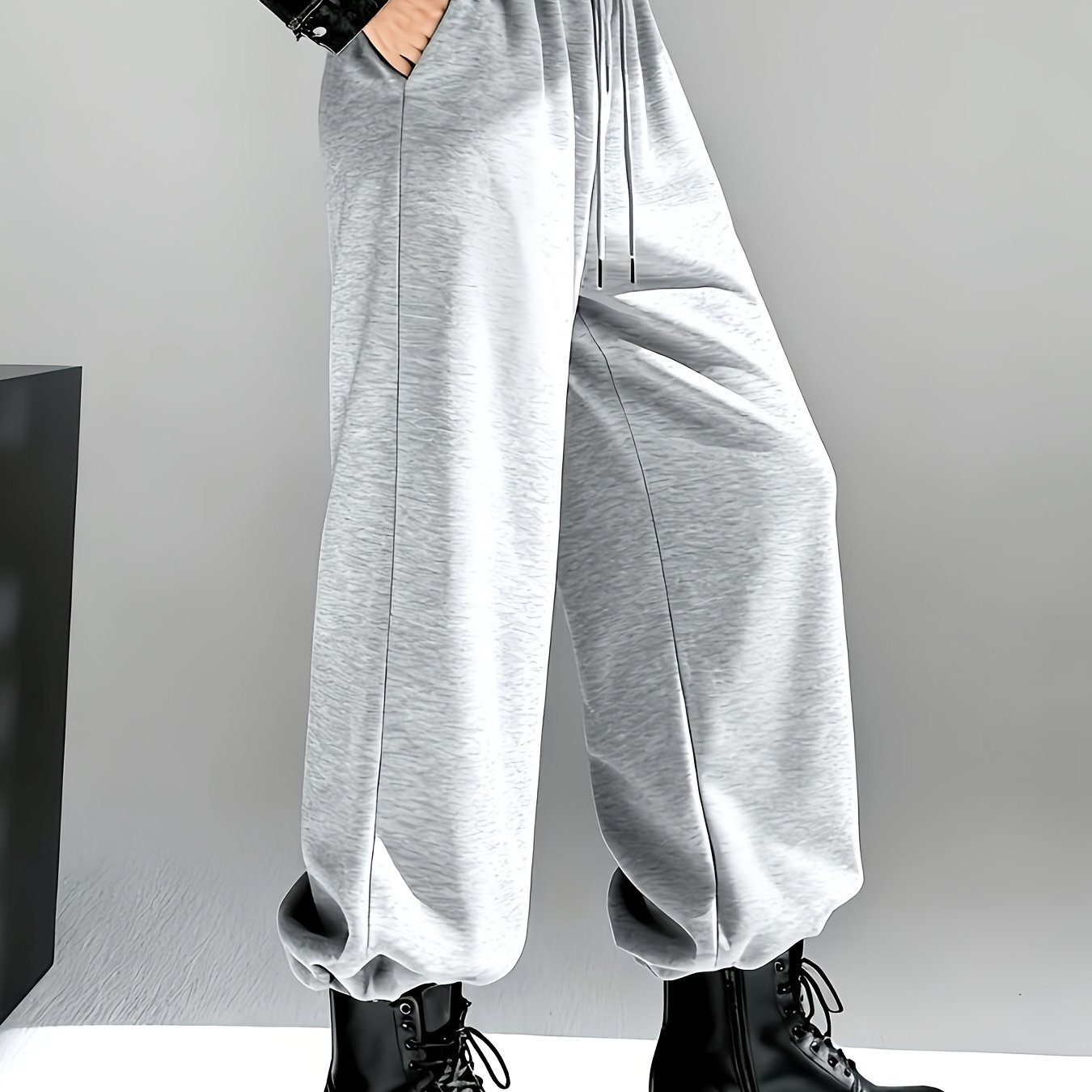 Image of Women's High-waisted Wide-leg Sweatpants - Loose-fit Pants With Drawstring Waist & Side Pocket, Full-length Drape Joggers Suitable For Gym,, Casual Wear - Athletic Wear (no Needed)