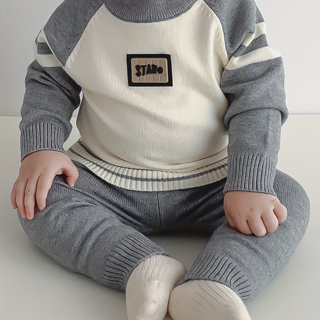 Image of Newborn Baby Boy's Autumn/winter Outfit, Stylish Pullover Knit Sweater And Long Pants 2pcs Set, Perfect For Outdoor