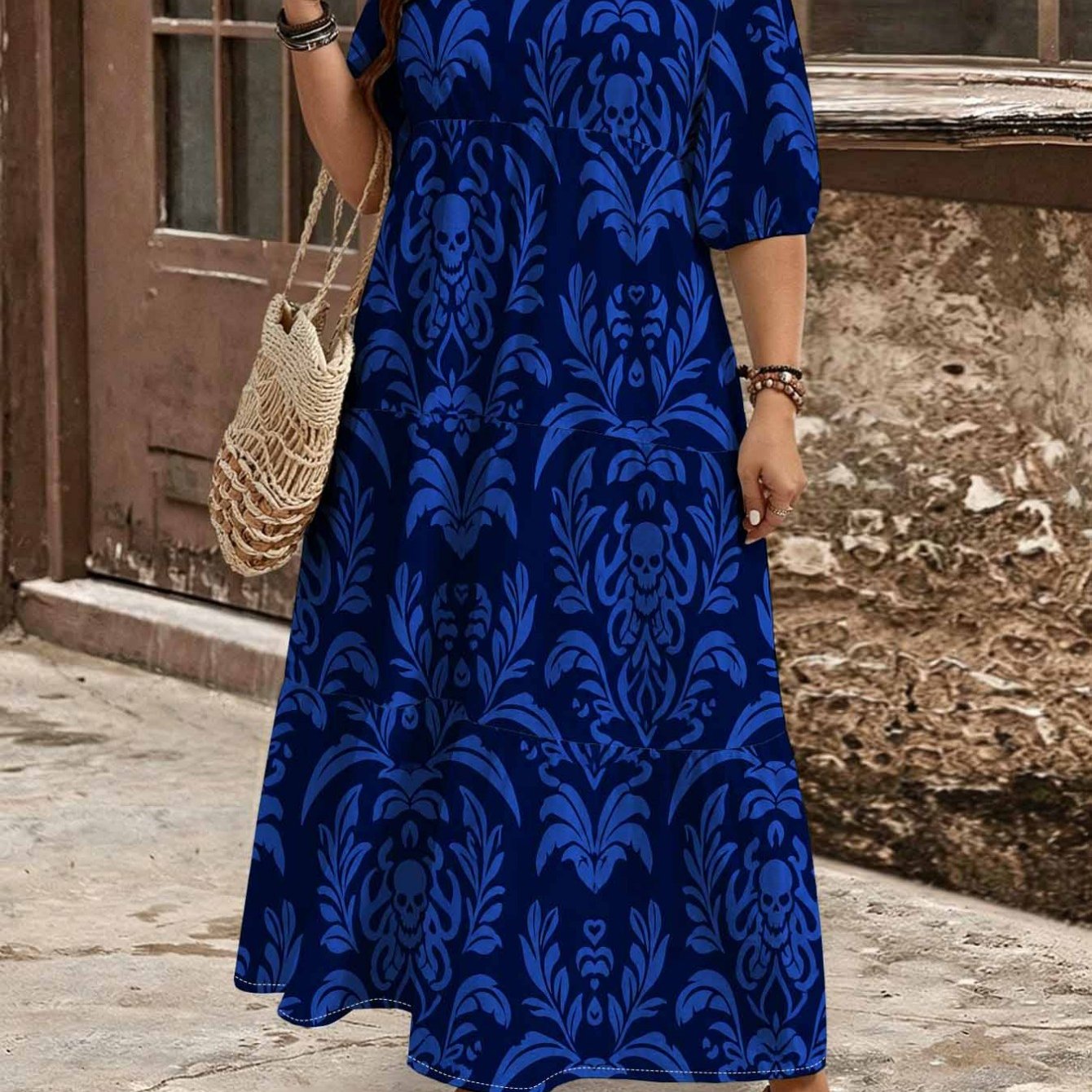 Image of Plus Size, Summer Plus Size Floral Paisley Printed Bubble Shortsleeved Maxi Dress For Women. Layered Cake . Elegant Artistic Vintage Loosefitting Breathable Vacation Resort Dress.