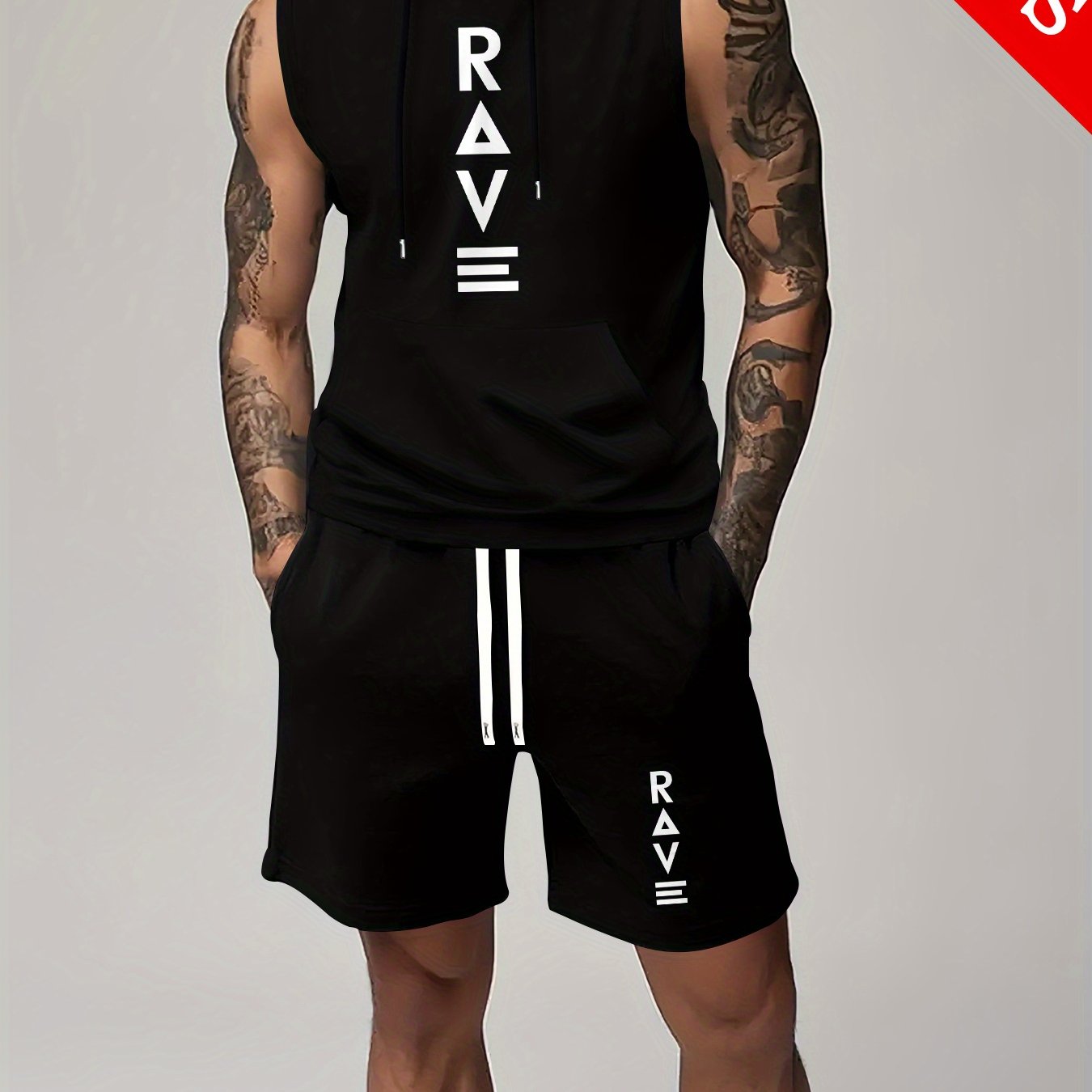 TEMU Men's Summer Fashion Rave Print Outfit, Featuring A Casual Sleeveless Hooded Tank Top And Sports Shorts Set