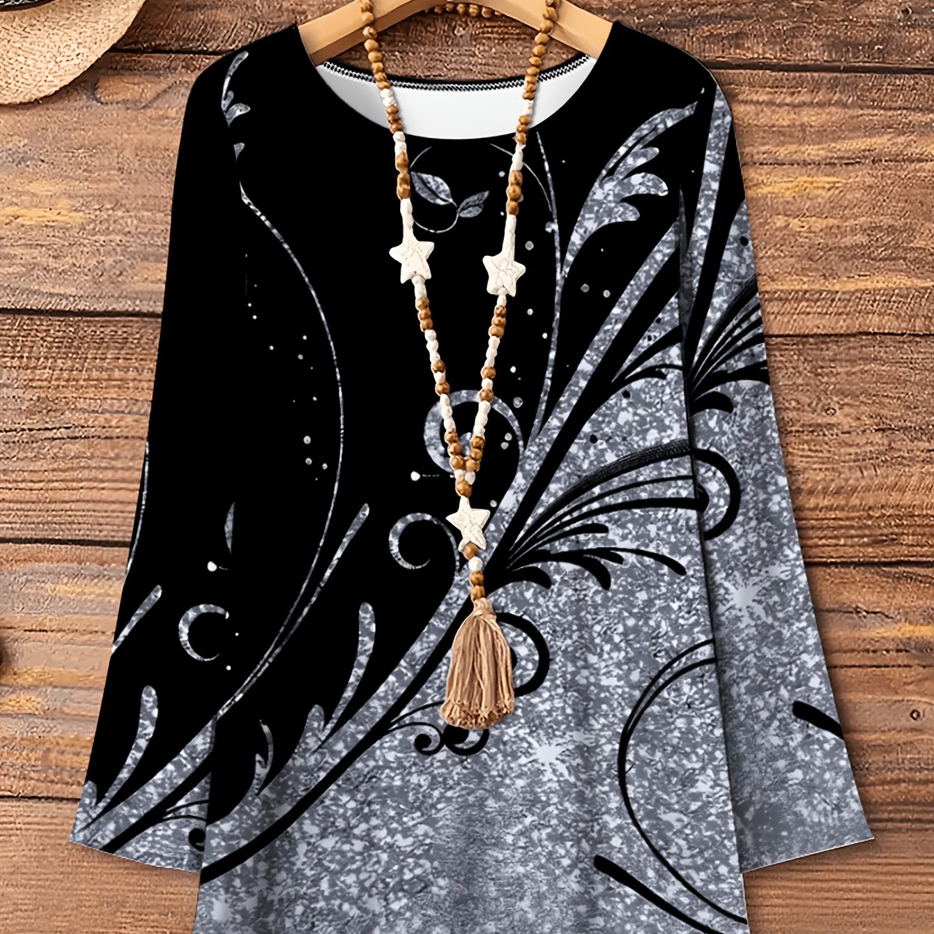 TEMU T-shirt grande taille femme automne hiver tendance imprimé décontracté col rond manches longues, haut long décontracté, entretien facile lavable