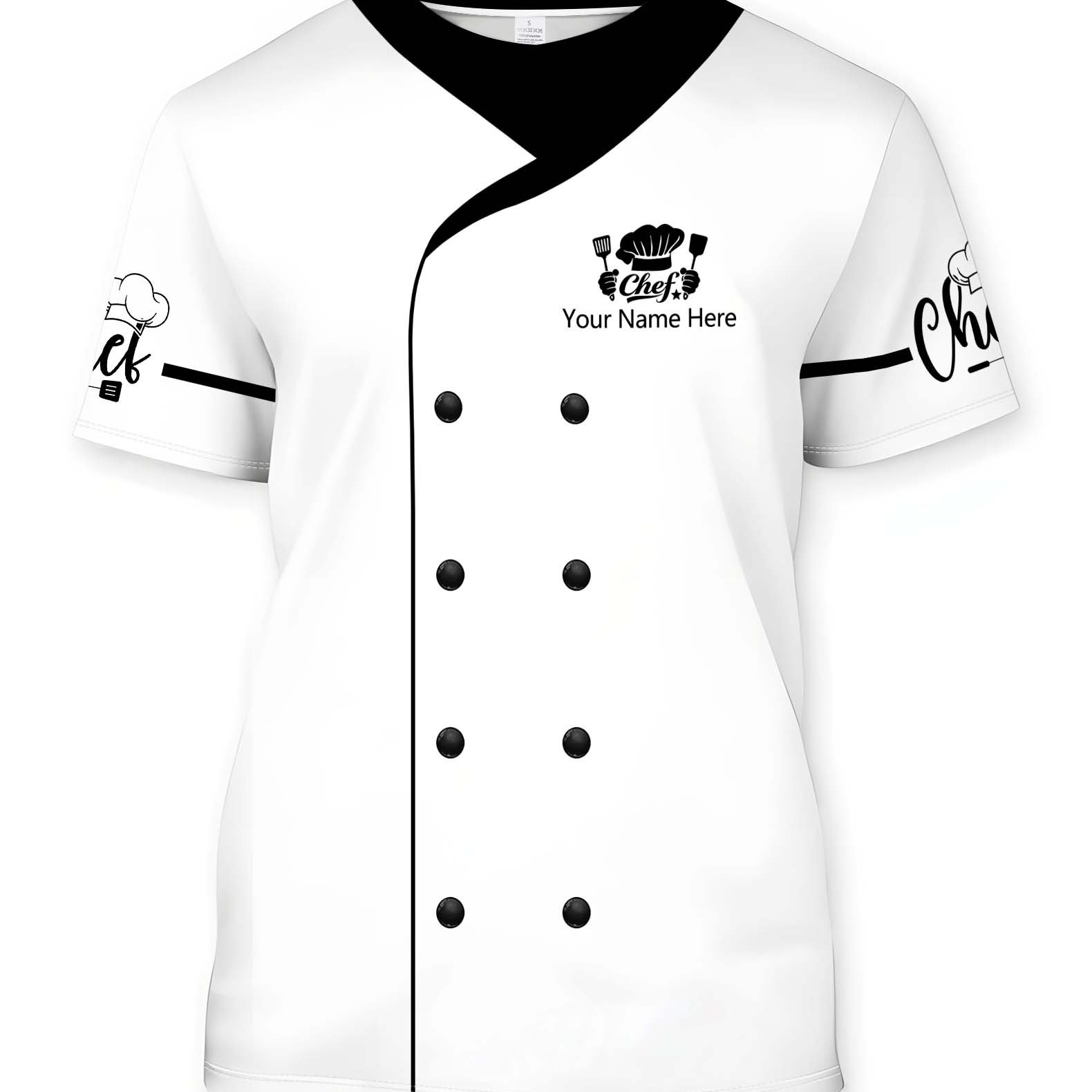 TEMU Custom Name Round Neck Chef Work T-shirt, Fake Button Print T-shirt, Printed Button T-shirt, Casual Short Sleeve Top, Suitable For Food