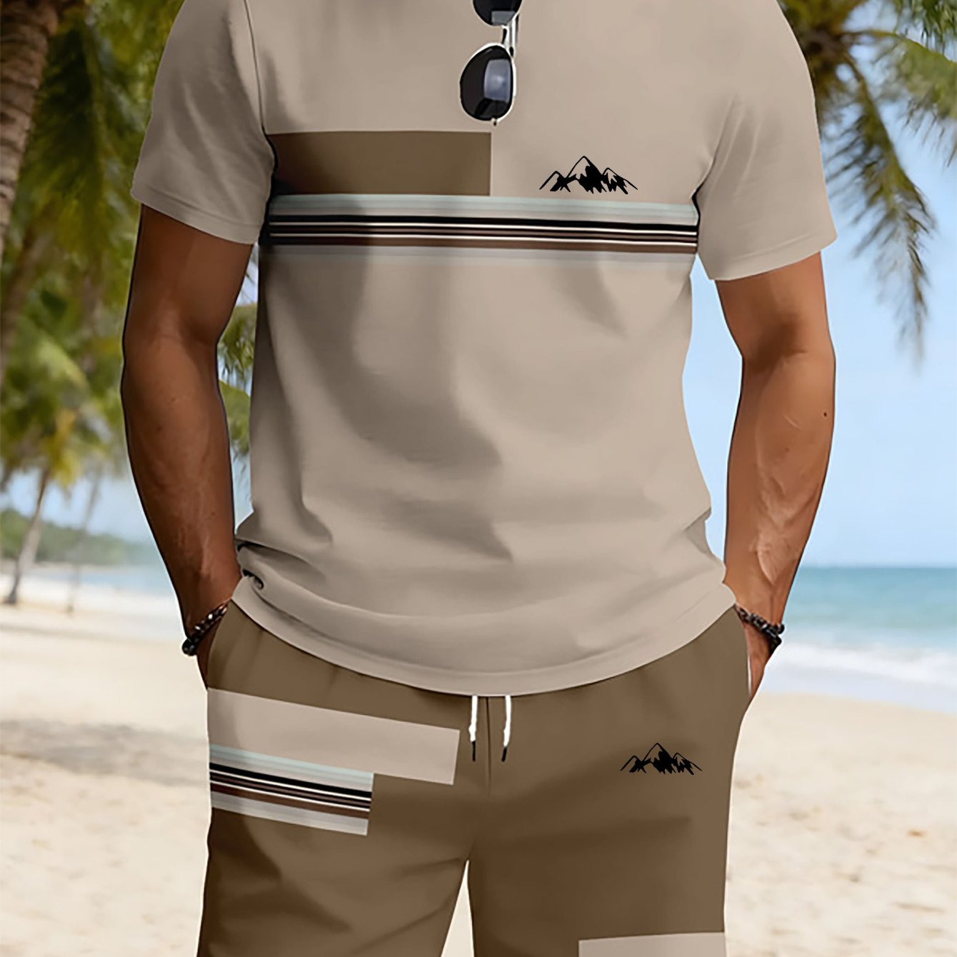 TEMU Men's Fashion Trendy Casual Round Neck Printed Short Sleeve Set