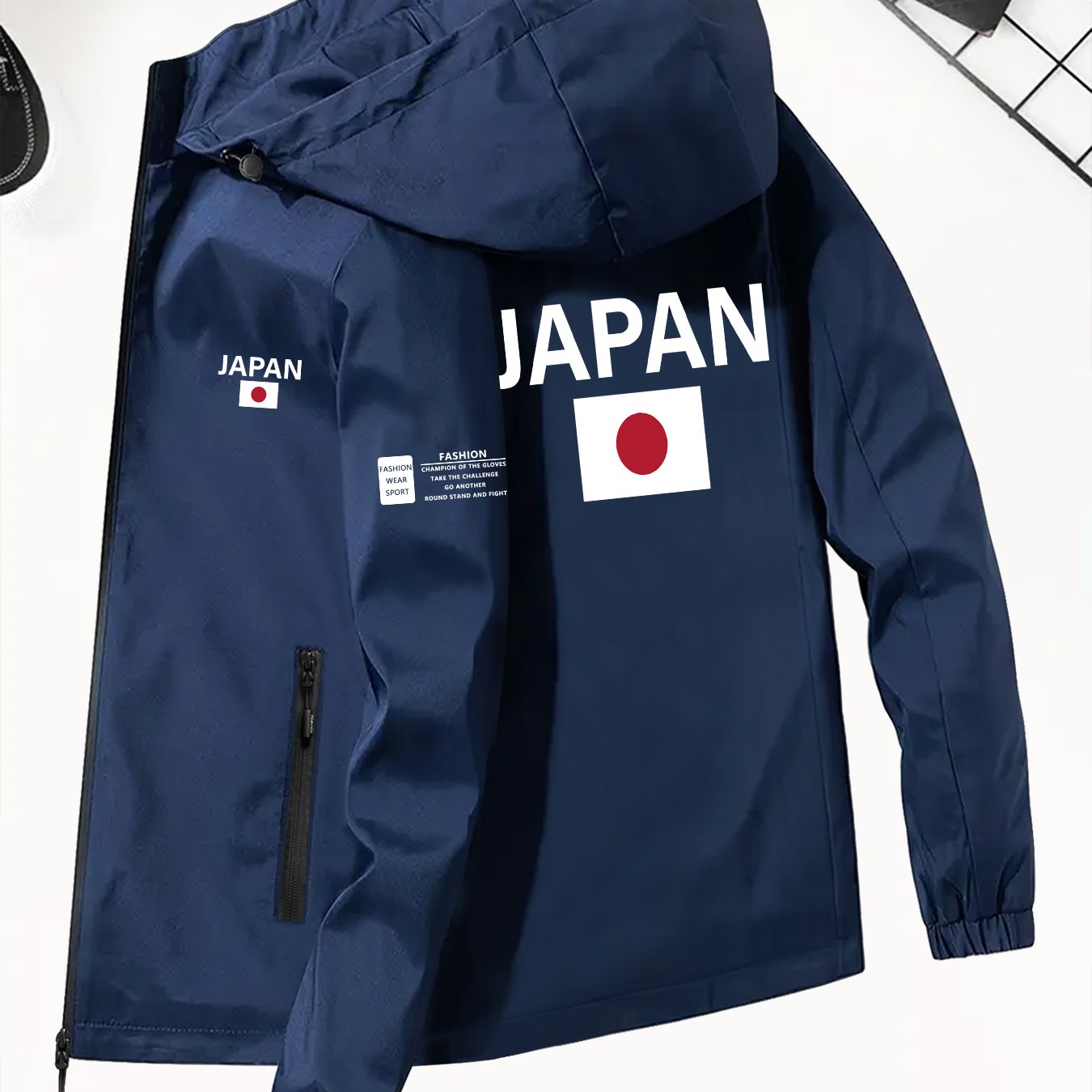 TEMU メンズ ファッション 軽量 付きフードジャケット 長袖 日本国旗柄 フード付きウィンドブレーカー 調節可能な巾着フードと伸縮性のある袖口 アウトドア カジュアル ウィンドブレーカージャケット